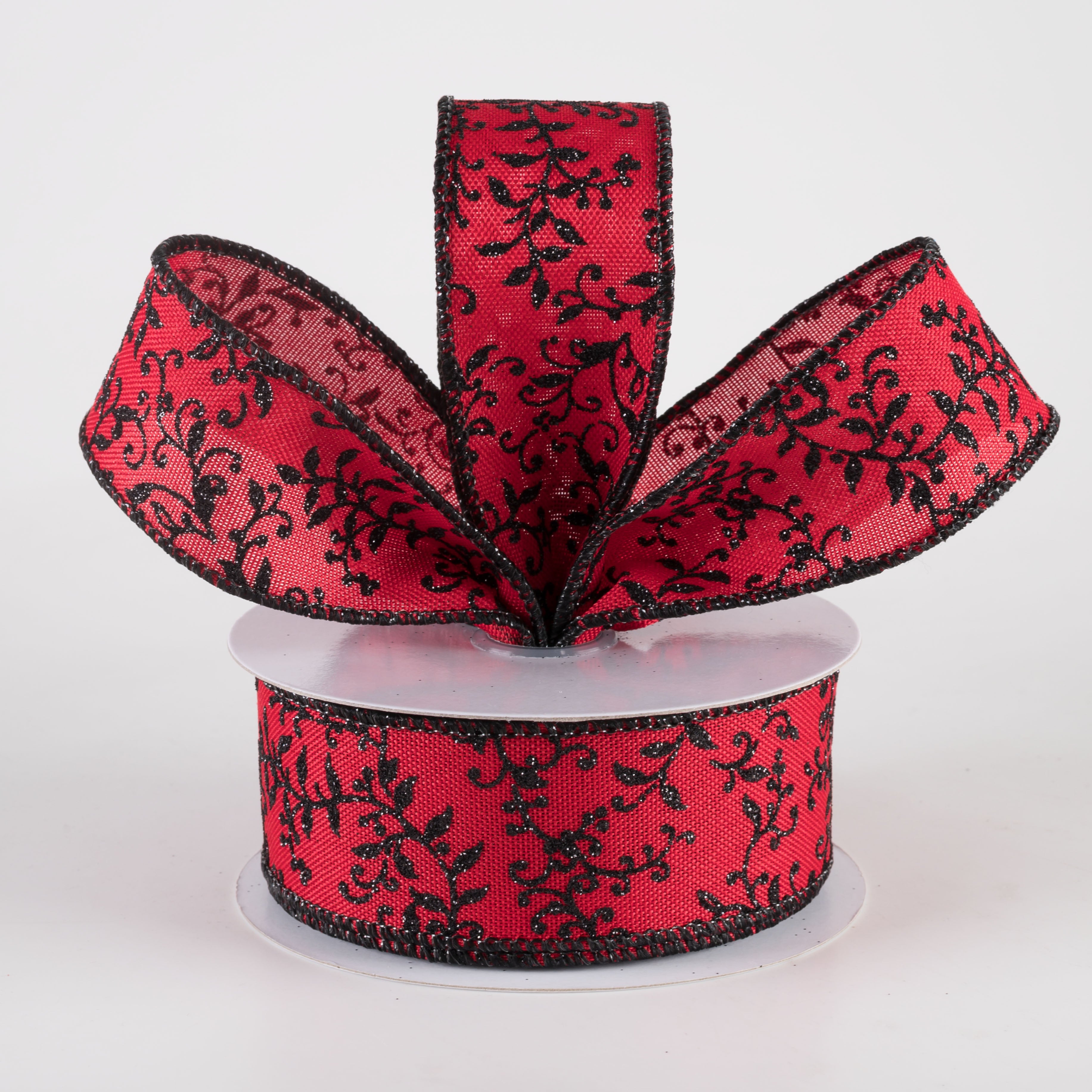 1.5" Glitter Mini Leaf Vines Ribbon: Red & Black (10 Yards) Lifestyle Photo