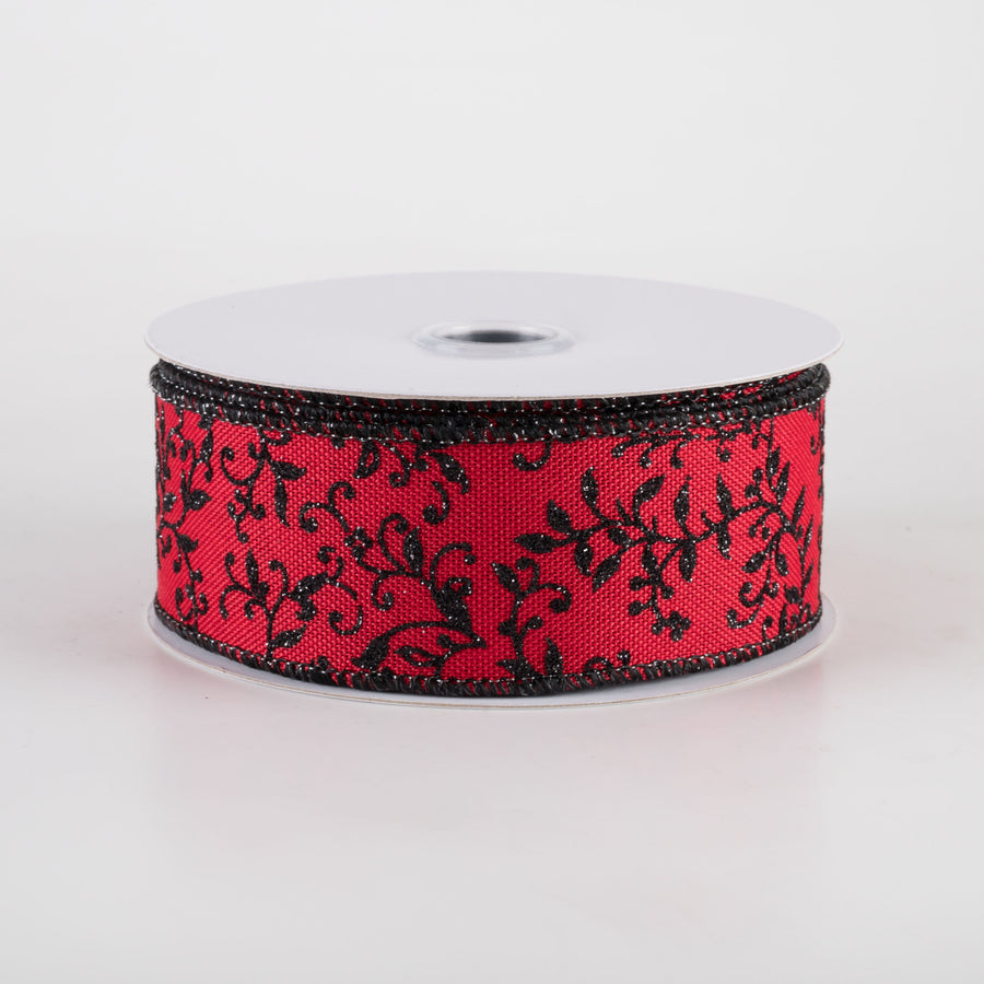 1.5" Glitter Mini Leaf Vines Ribbon: Red & Black (10 Yards)
