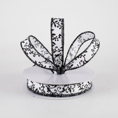 5/8" Glitter Mini Leaf Vines Ribbon: White & Black (10 Yards) Lifestyle Photo