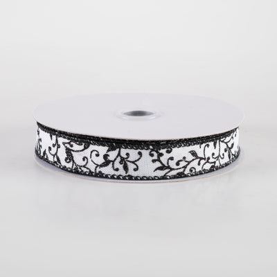 5/8" Glitter Mini Leaf Vines Ribbon: White & Black (10 Yards)