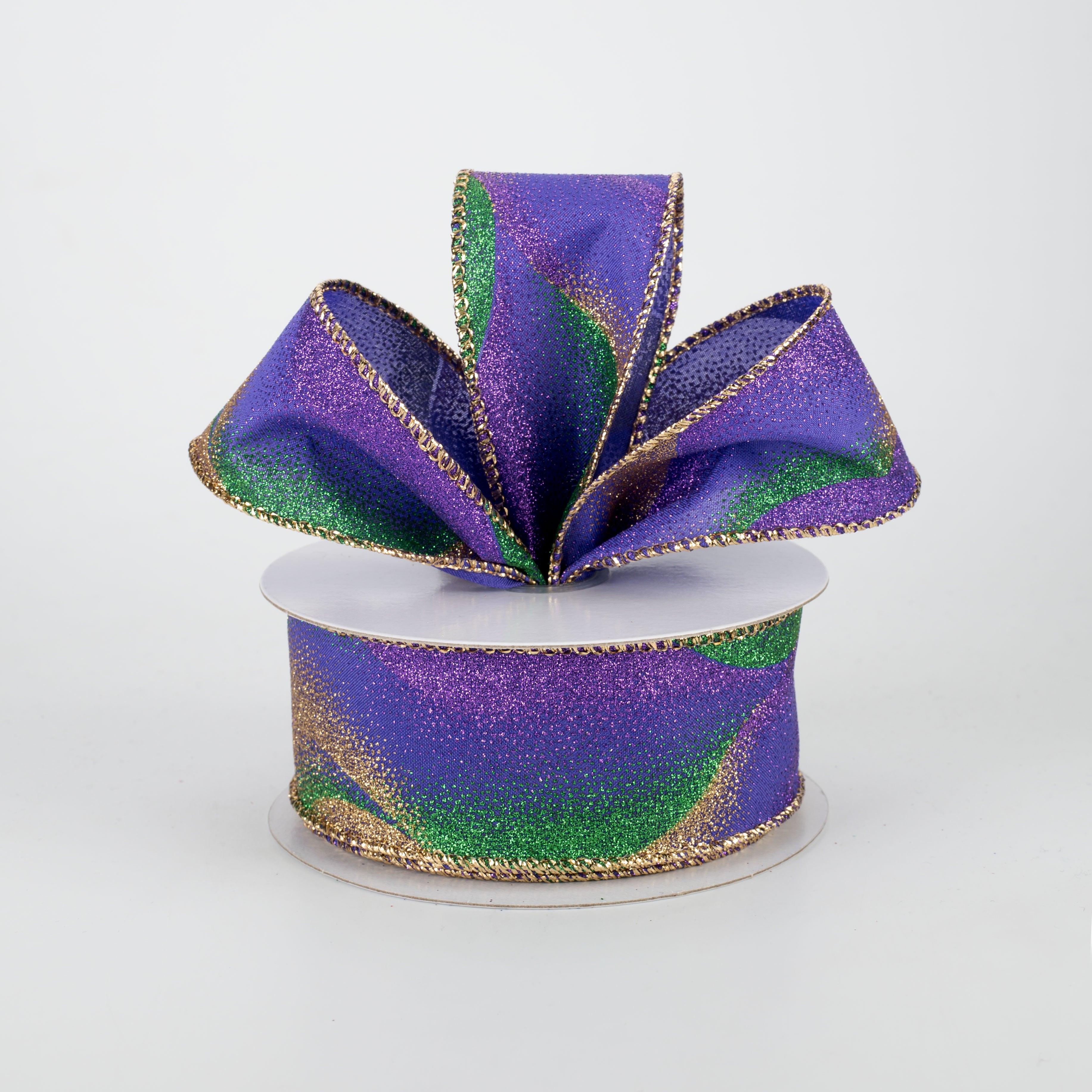 1.5" Glitter Mist Ribbon: Purple, Green, Gold (10 Yards) Lifestyle Photo