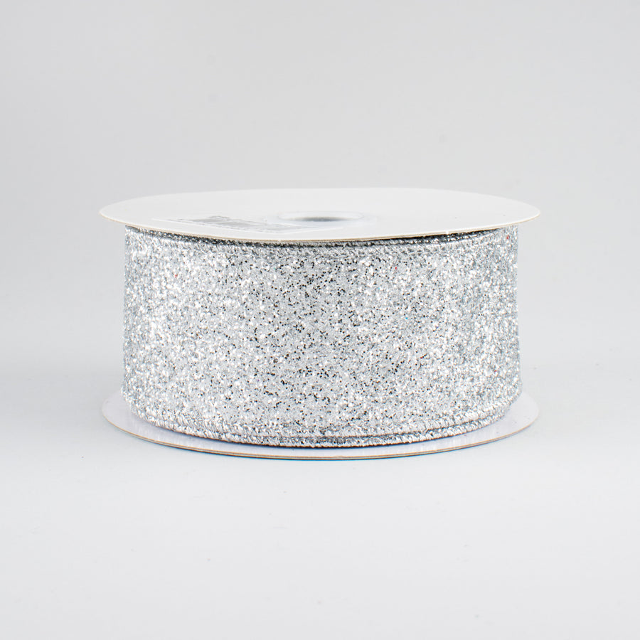 1.5" Glitter On Metallic Ribbon: Silver (10 Yards)