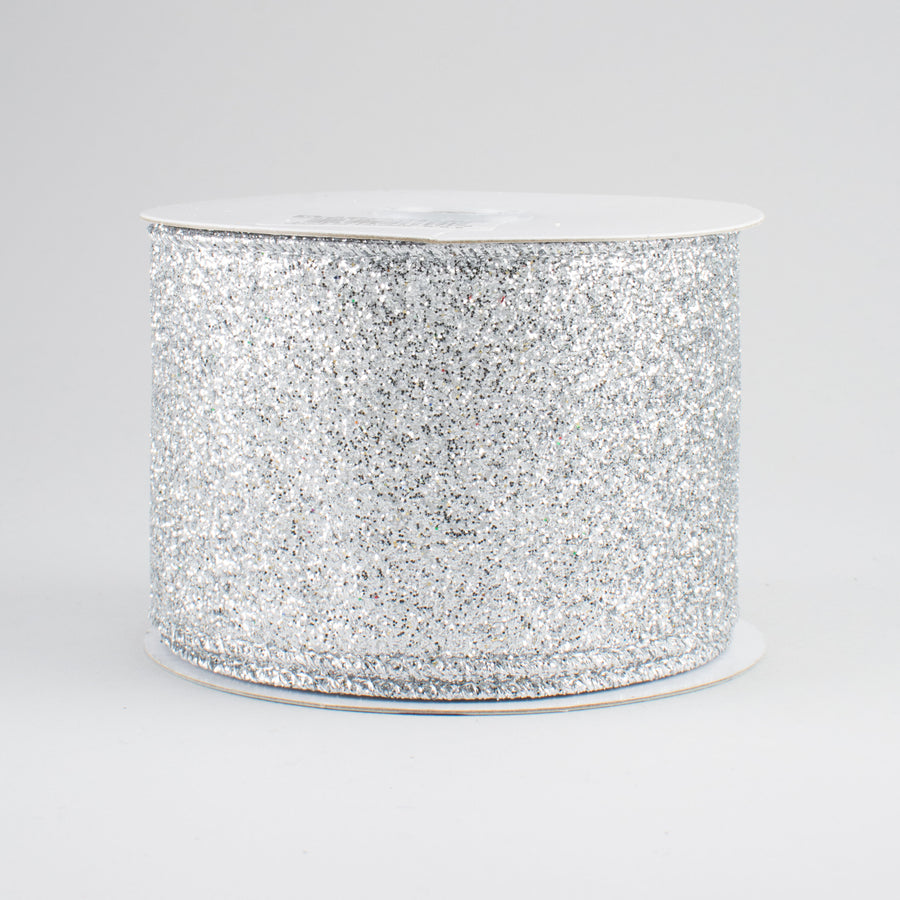 2.5" Glitter On Metallic Ribbon: Silver (10 Yards)