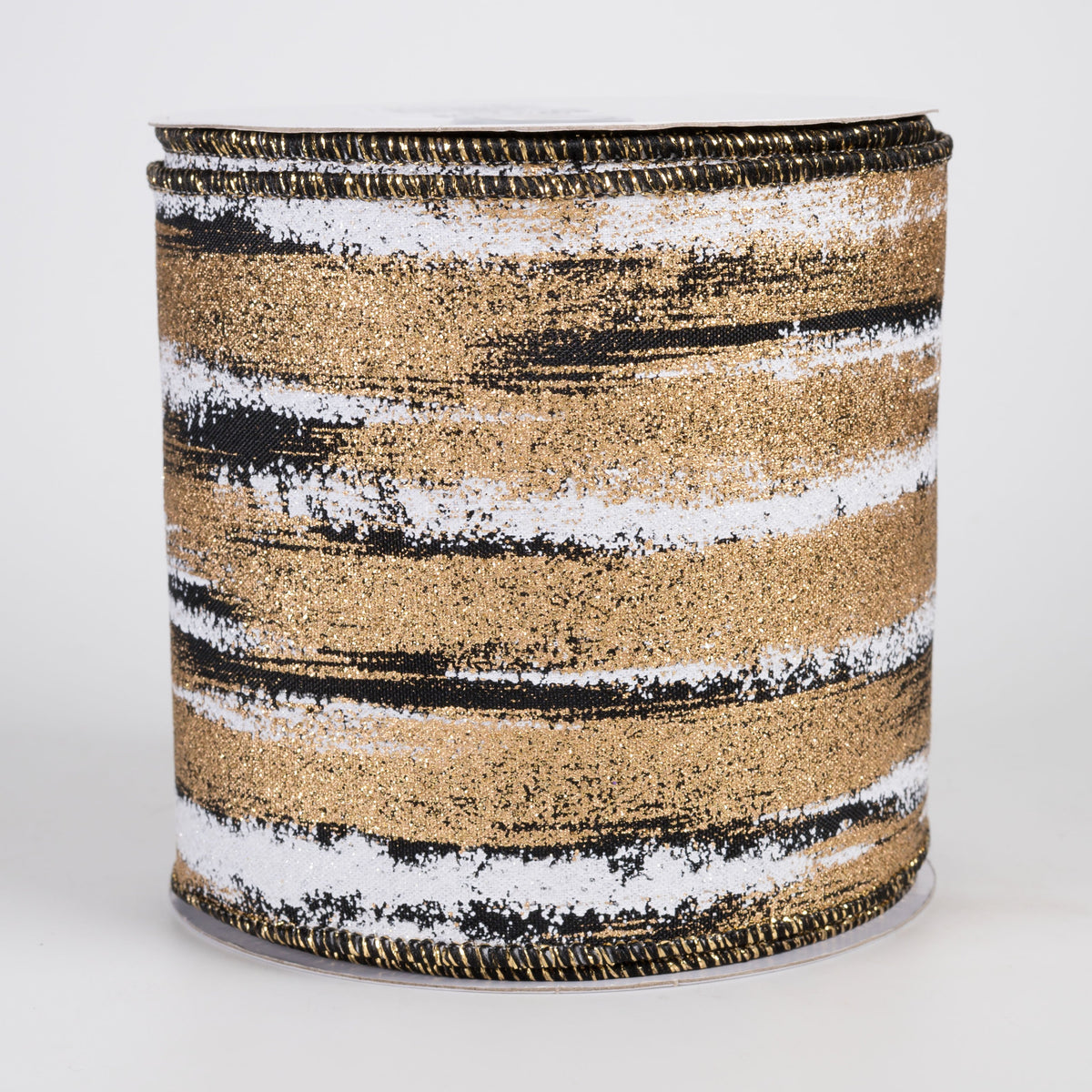 4" Glitter Paint Strokes Ribbon: White & Gold on Black (10 Yards) Item Number: RGH145986