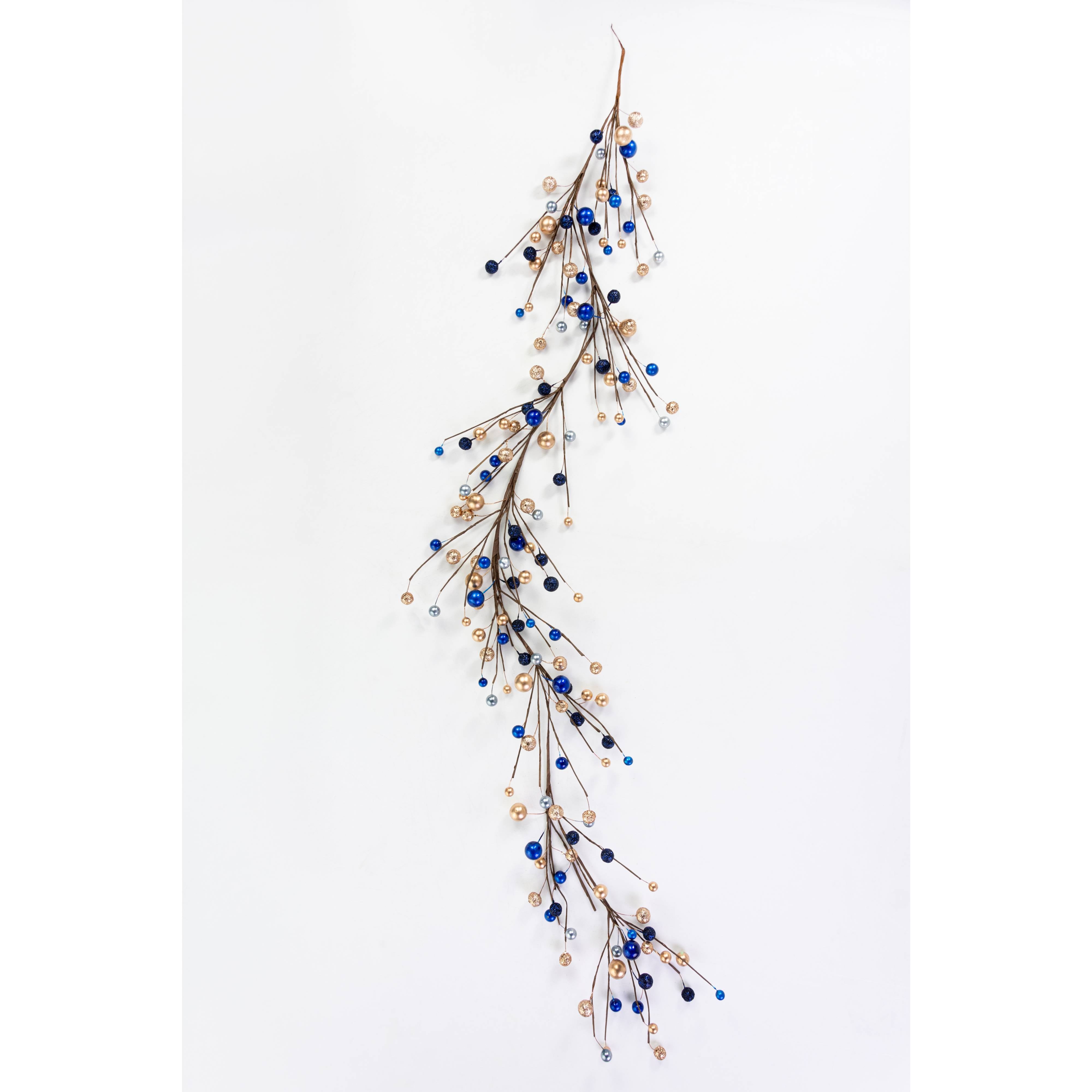 5' Glitter & Pearl Ball Garland: Gold, Blue & Pewter detail photo 3