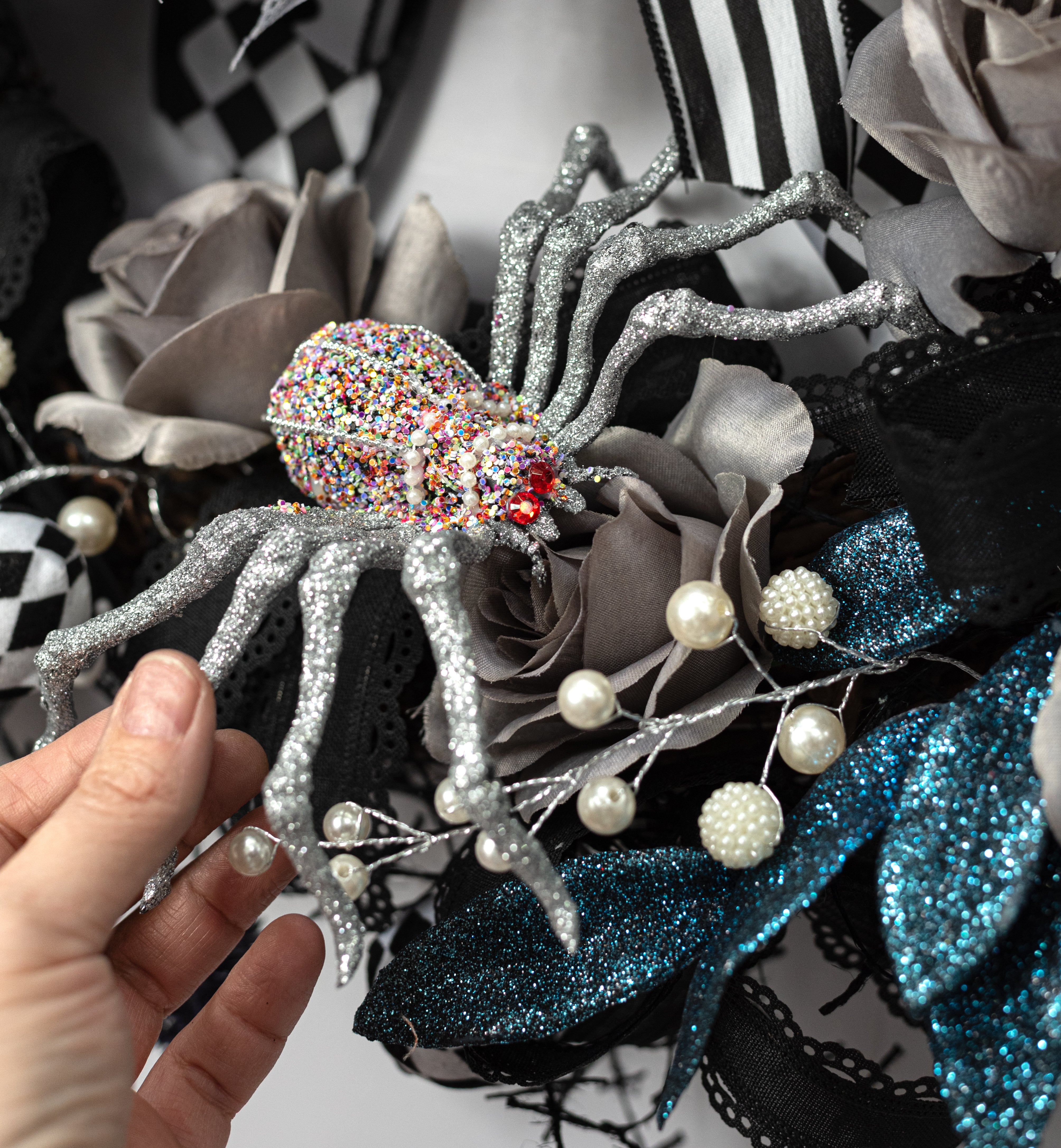 5.75" Glitter, Pearl & Bead Spider: Silver Lifestyle Photo