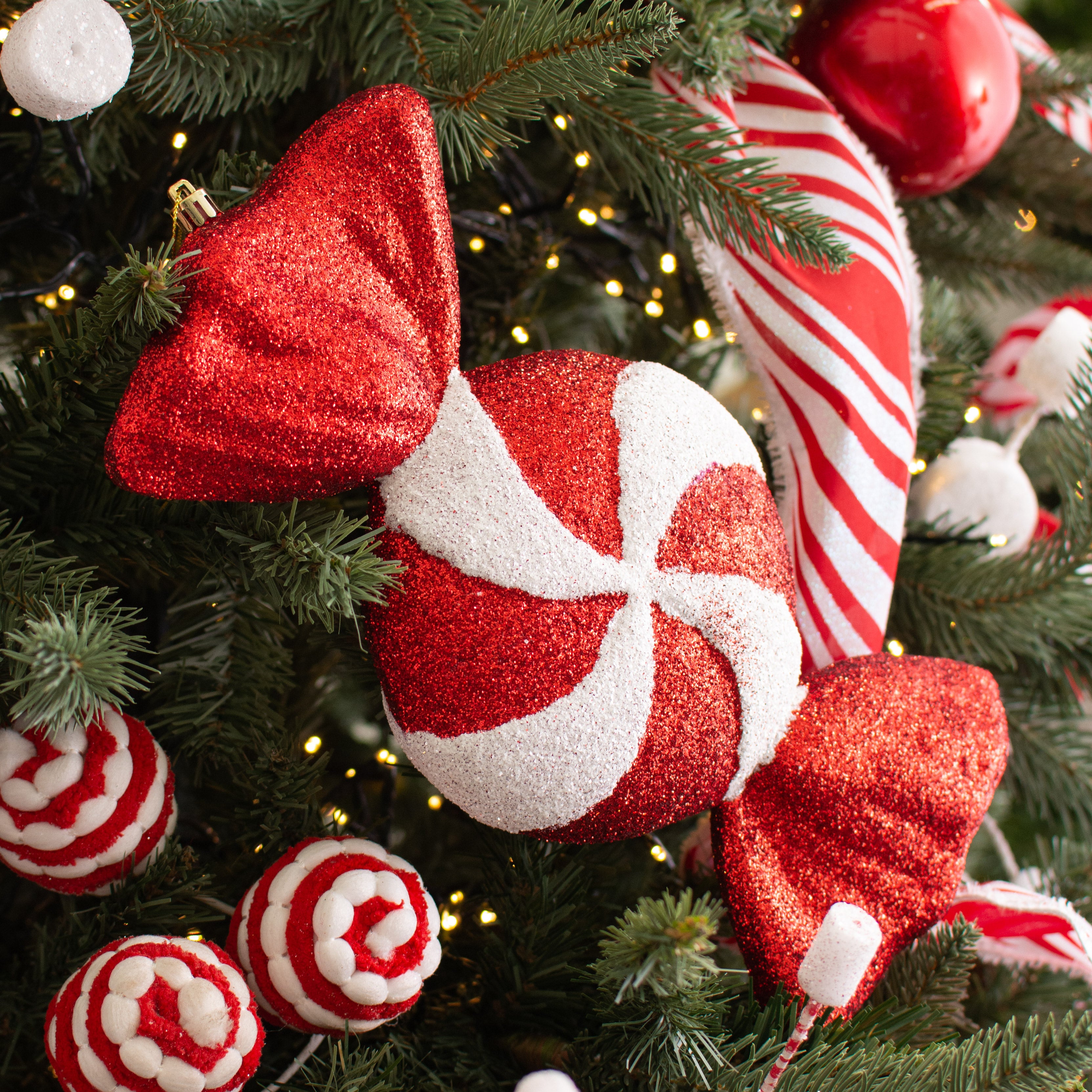 11" Glitter Peppermint Candy Ornament: Red detail photo 3