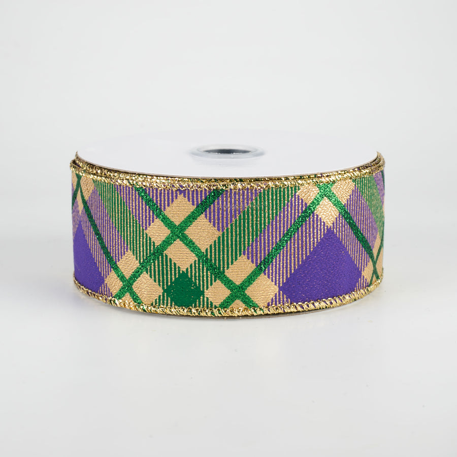 1.5" Glitter Plaid Metallic Ribbon: Mardi Gras (10 Yards)
