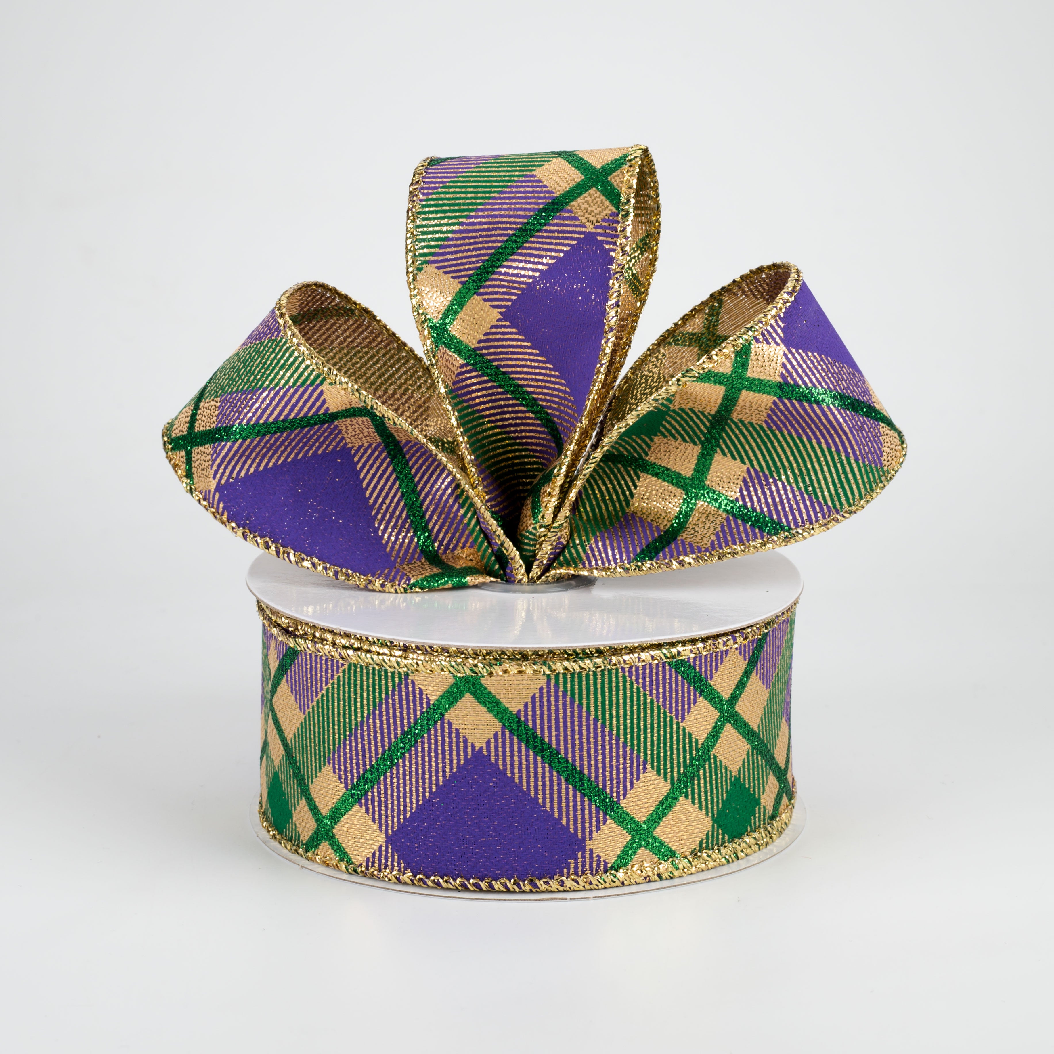 1.5" Glitter Plaid Metallic Ribbon: Mardi Gras (10 Yards) Lifestyle Photo
