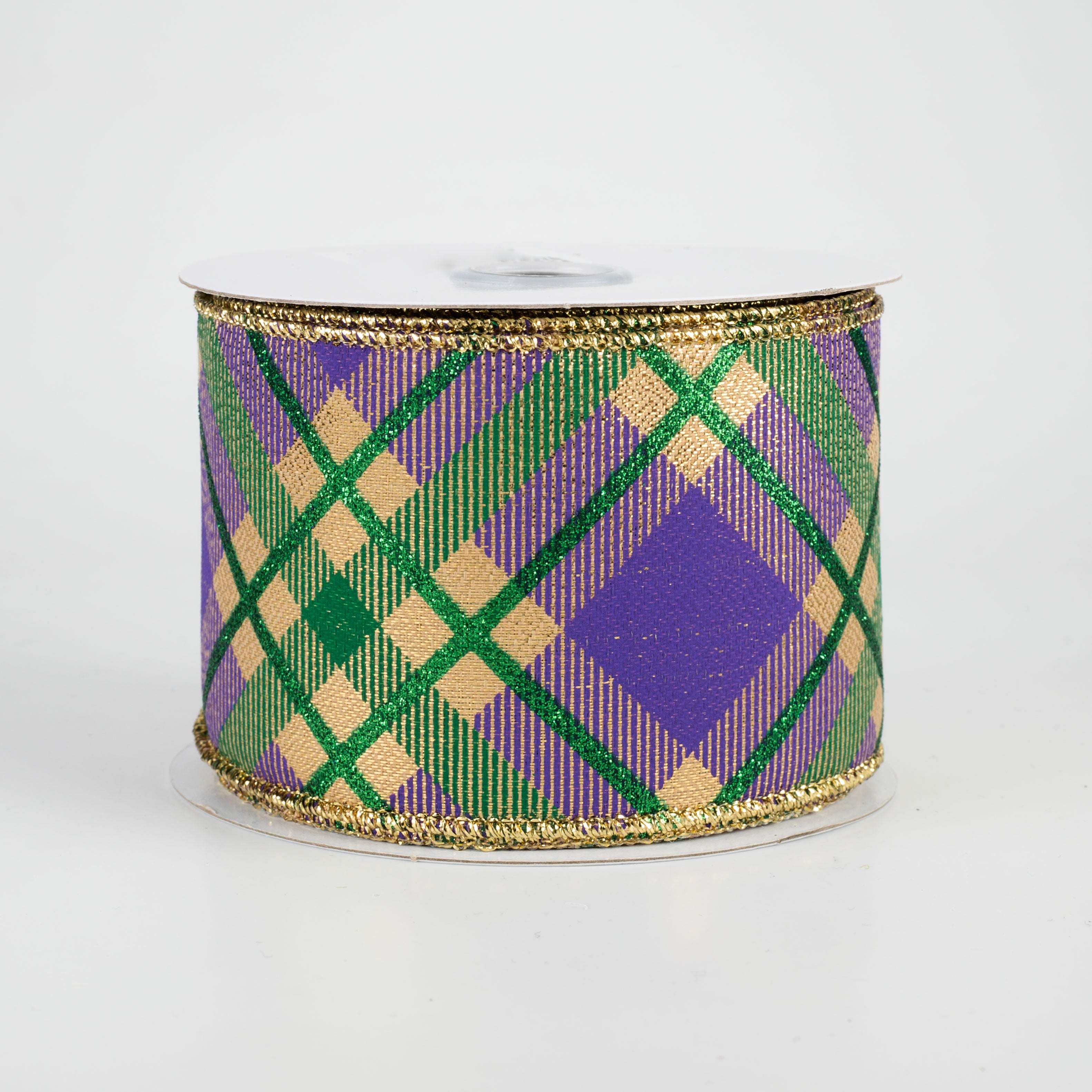 2.5" Glitter Plaid Metallic Ribbon: Mardi Gras (10 Yards)
