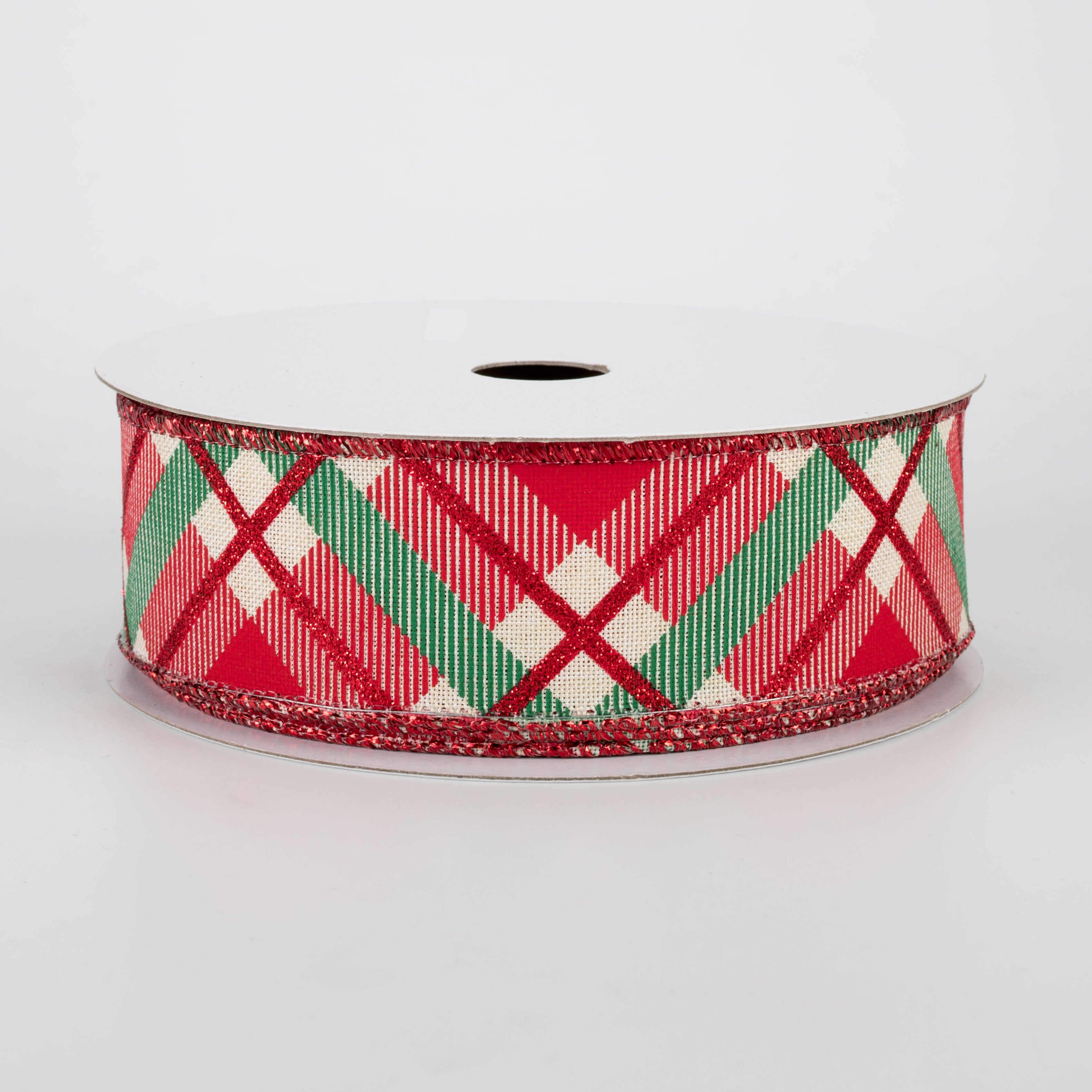 1.5" Glitter Plaid Ribbon: Cream, Red, Emerald (10 Yards)