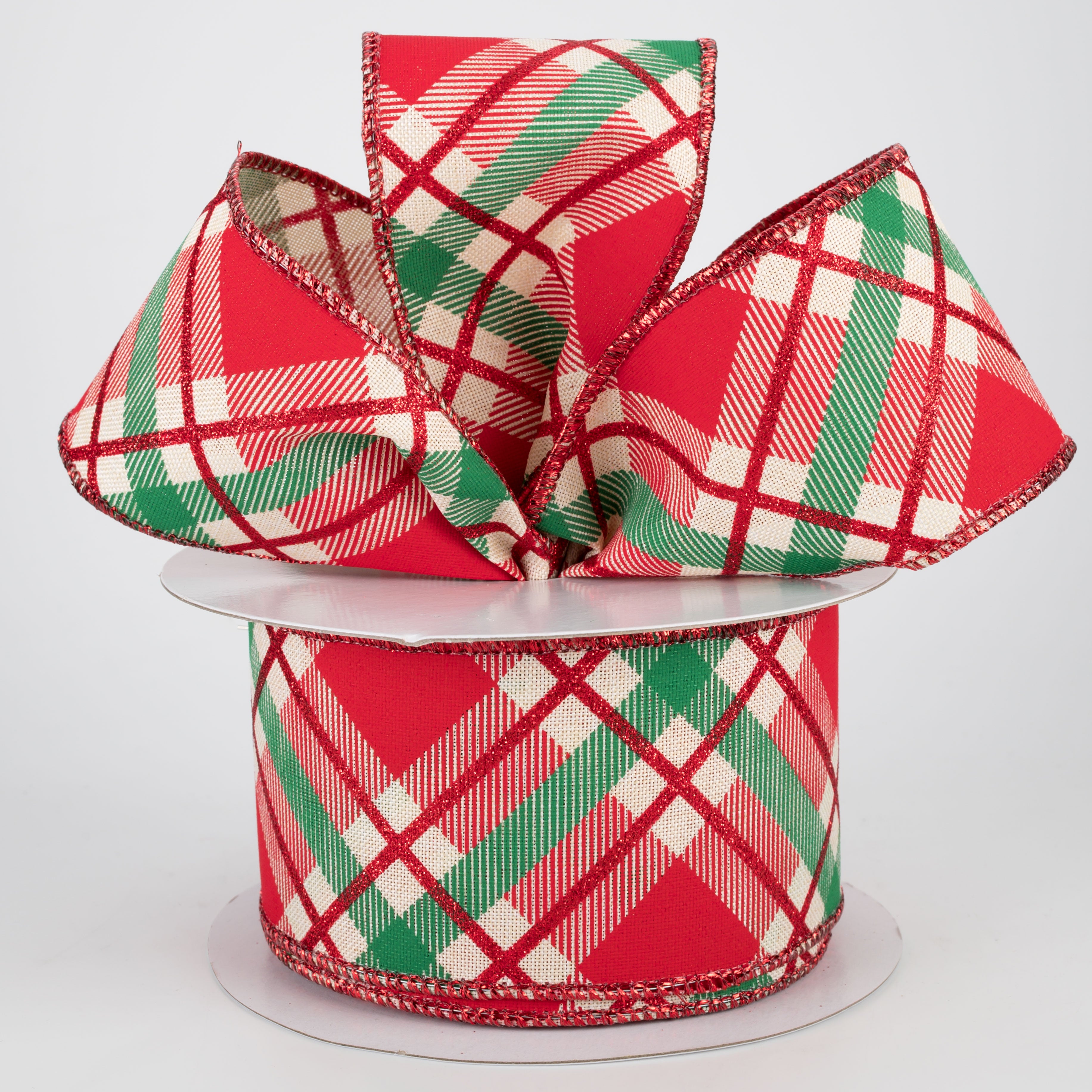 2.5" Glitter Plaid Ribbon: Cream, Red, Emerald (10 Yards) Lifestyle Photo