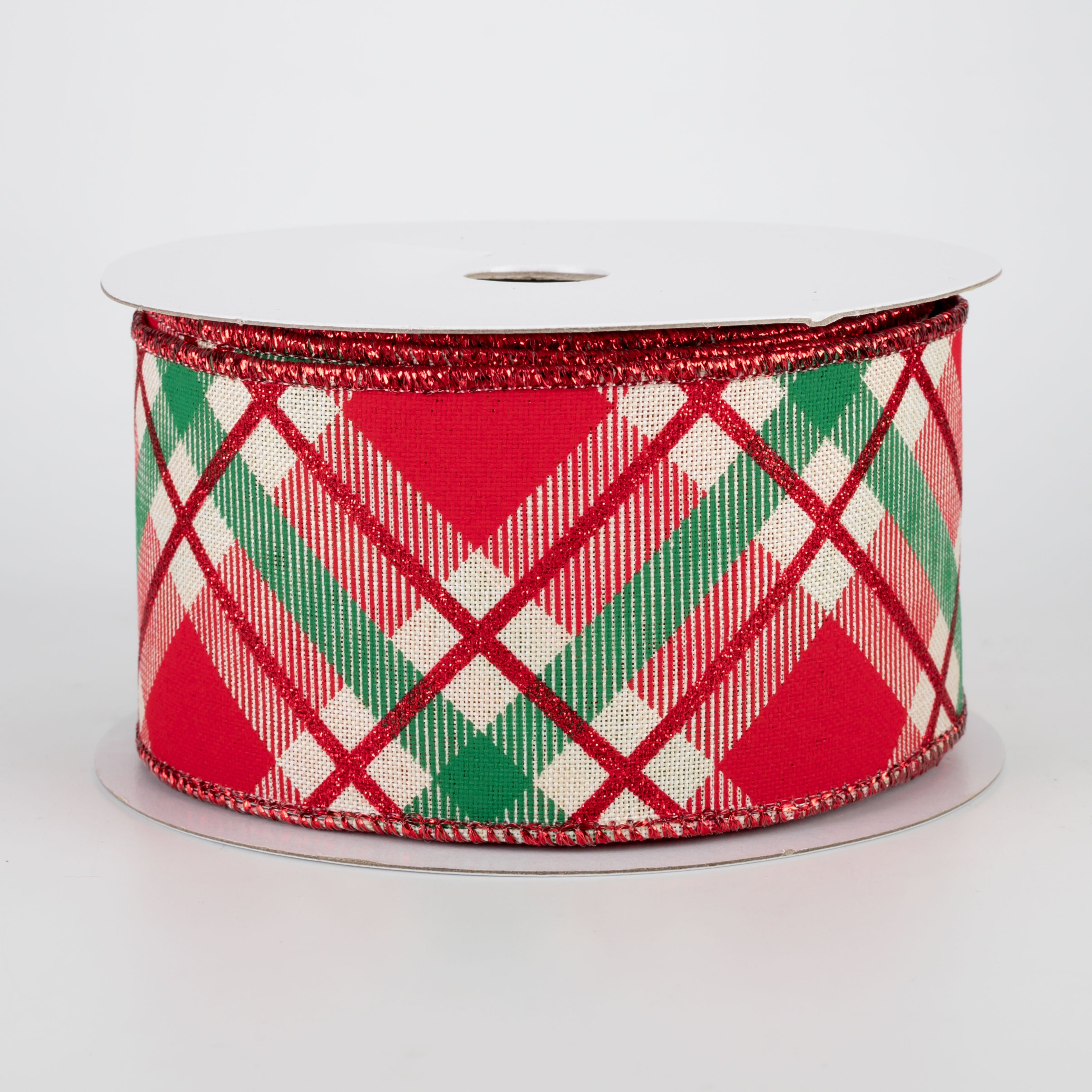 2.5" Glitter Plaid Ribbon: Cream, Red, Emerald (10 Yards)