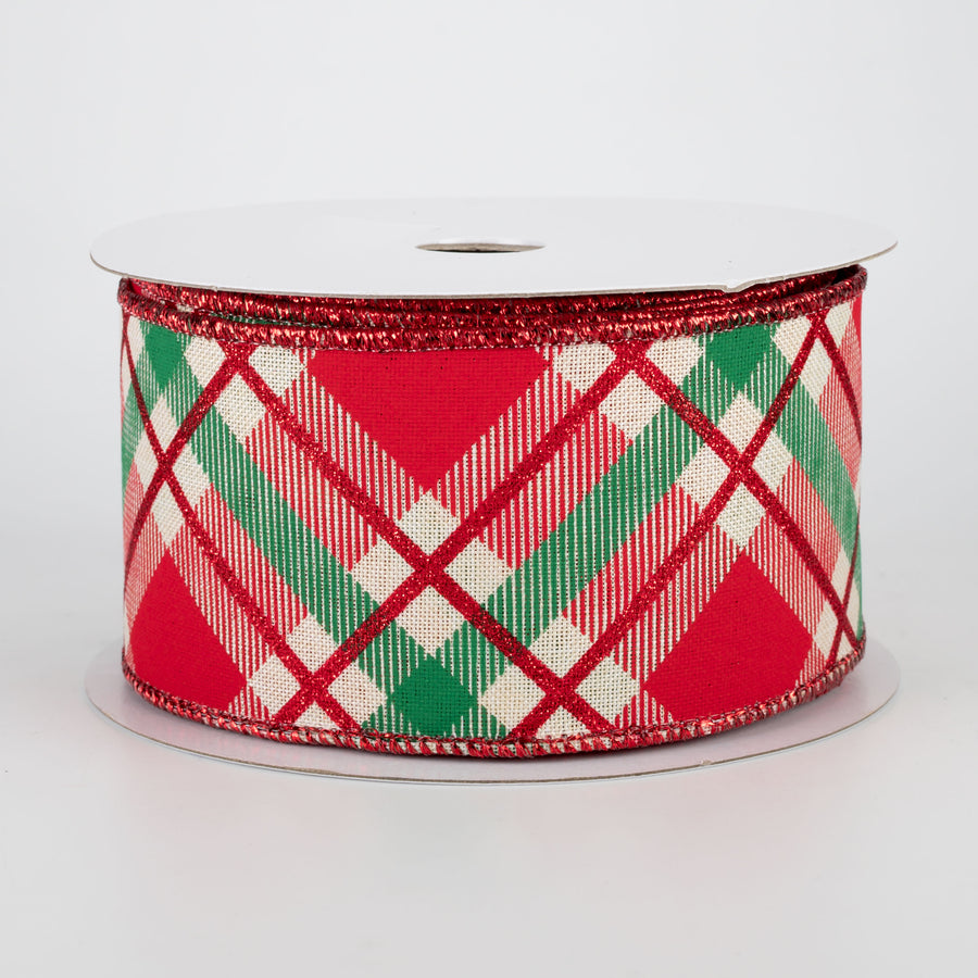 2.5" Glitter Plaid Ribbon: Cream, Red, Emerald (10 Yards)