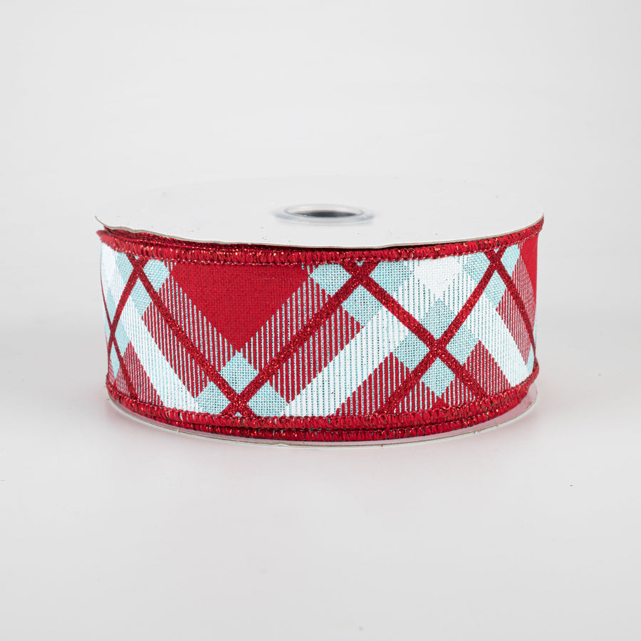 1.5" Glitter Plaid Ribbon: Ice Blue, Red, White (10 Yards)