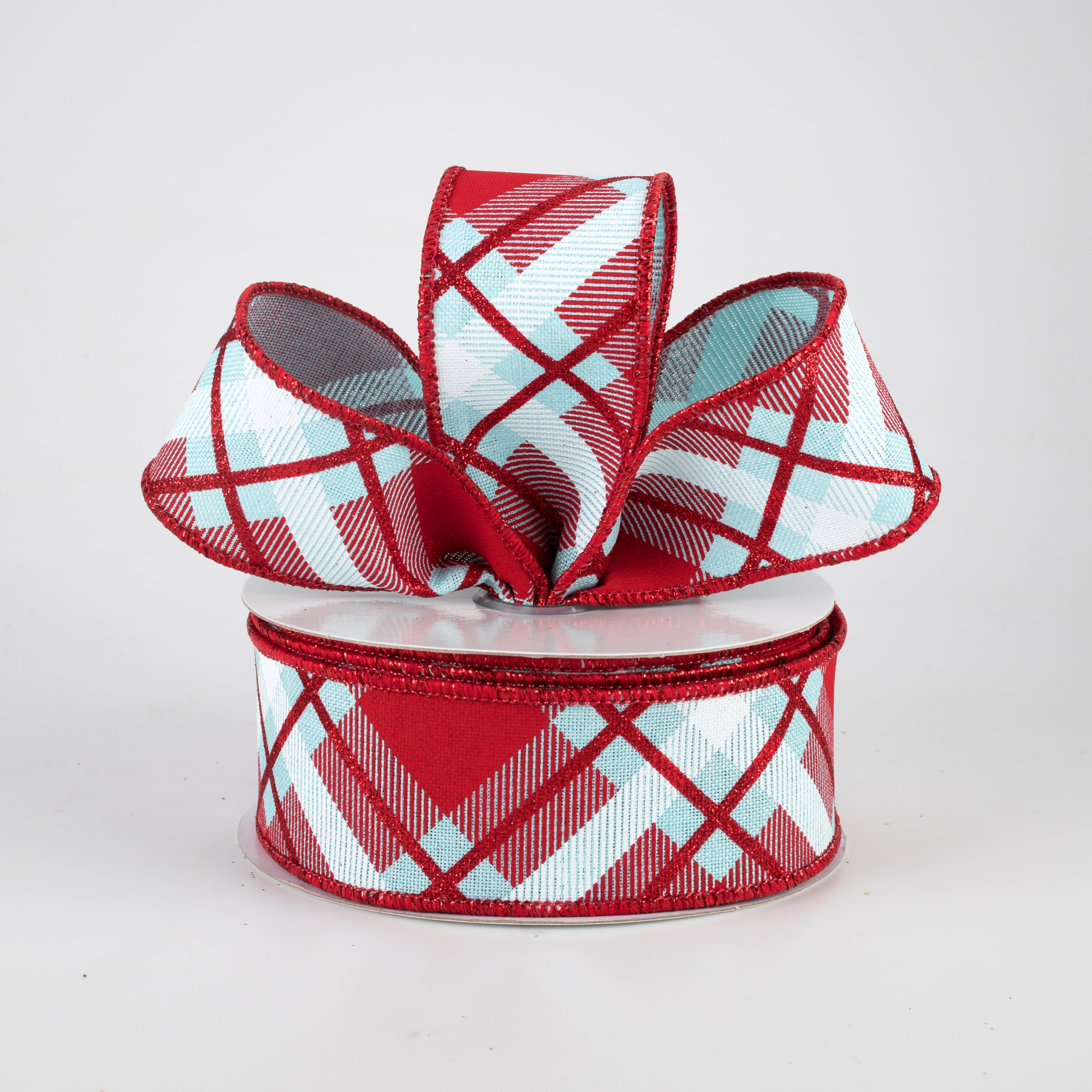 1.5" Glitter Plaid Ribbon: Ice Blue, Red, White (10 Yards) Lifestyle Photo