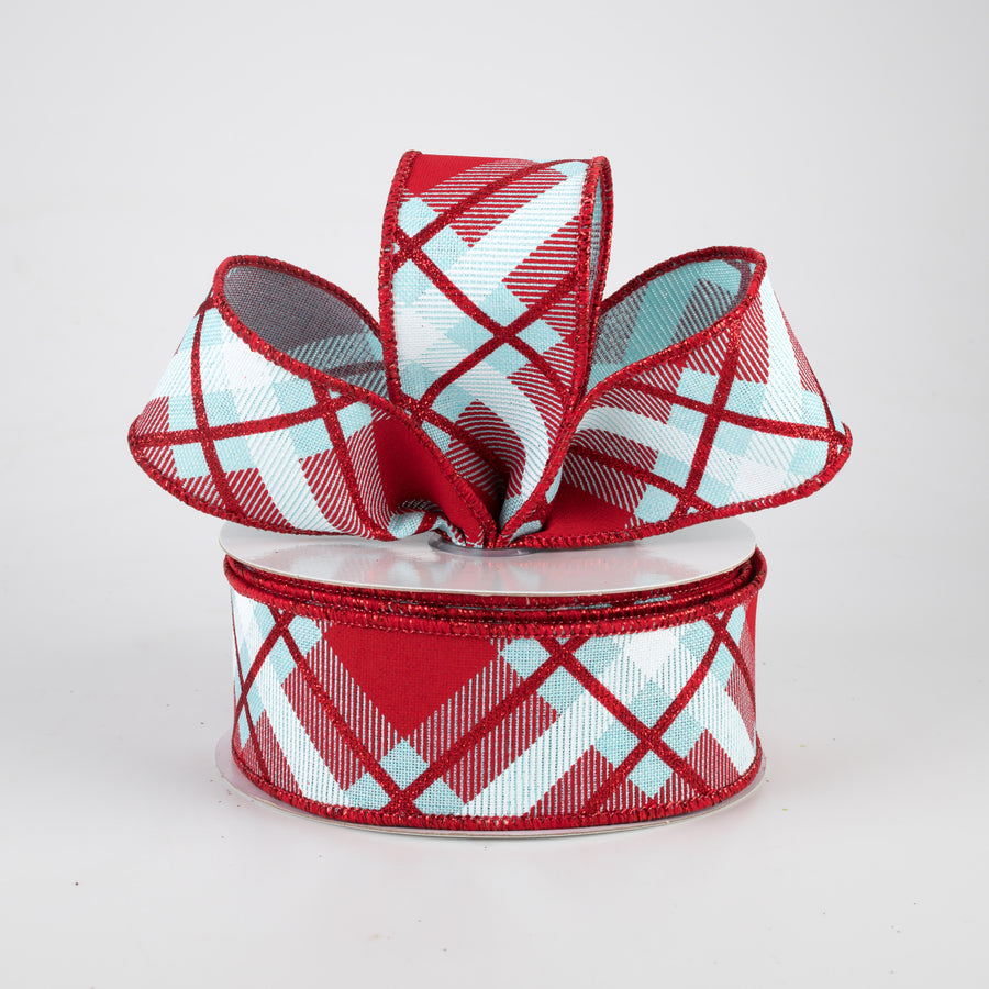 1.5" Glitter Plaid Ribbon: Ice Blue, Red, White (10 Yards) Lifestyle Photo