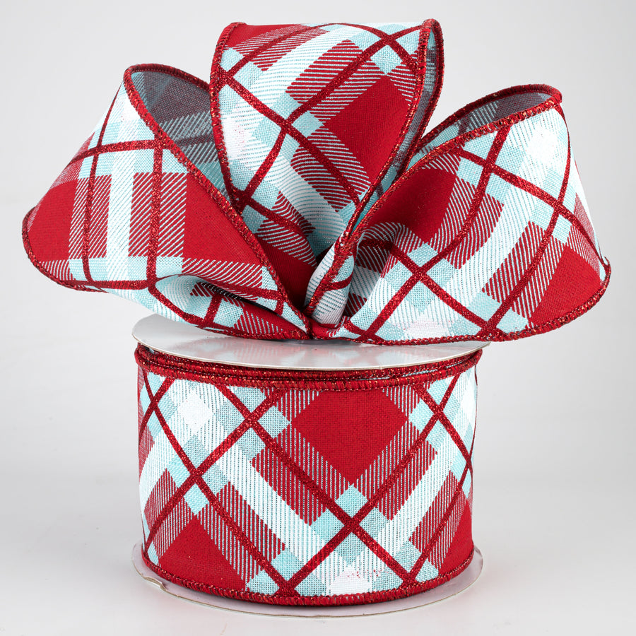 2.5" Glitter Plaid Ribbon: Ice Blue, Red, White (10 Yards) Lifestyle Photo
