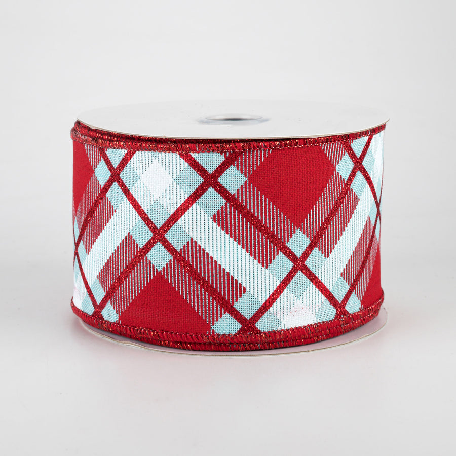 2.5" Glitter Plaid Ribbon: Ice Blue, Red, White (10 Yards)