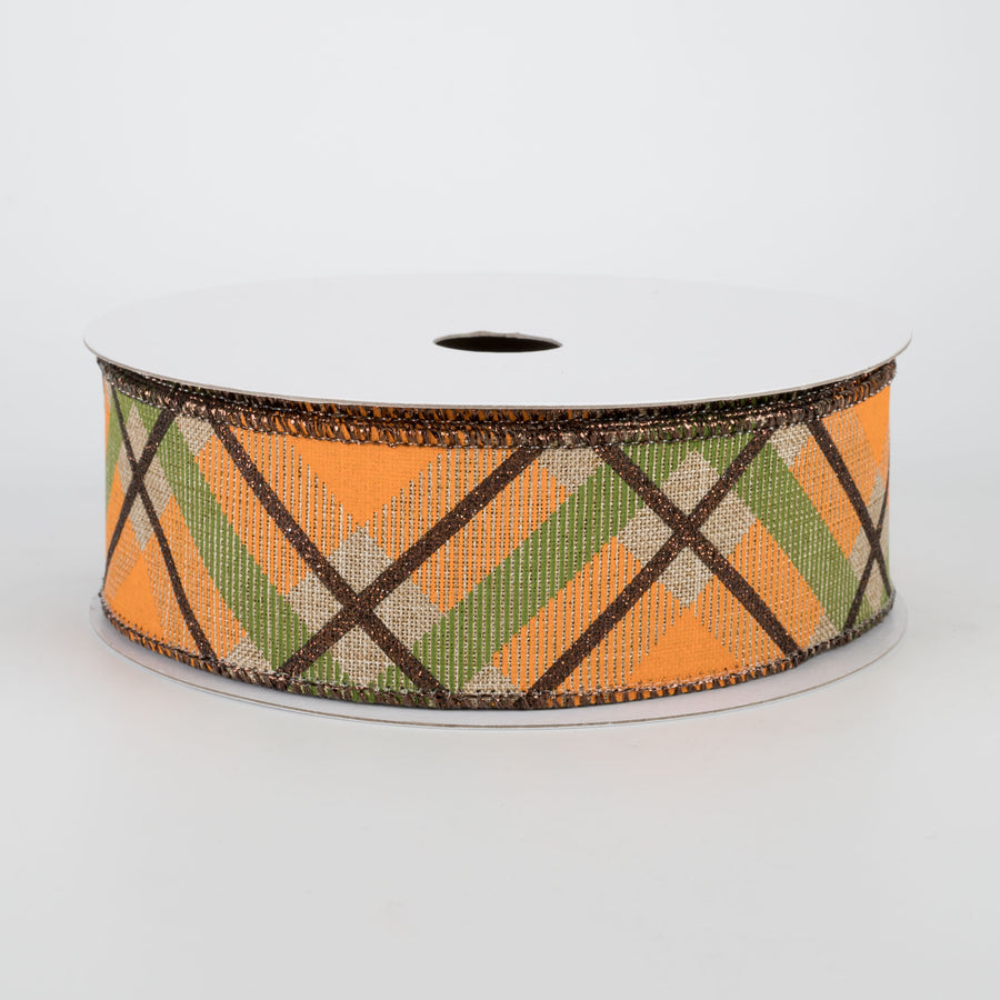 1.5" Glitter Plaid Ribbon: Light Beige, Brown, Orange, Moss (10 Yards)