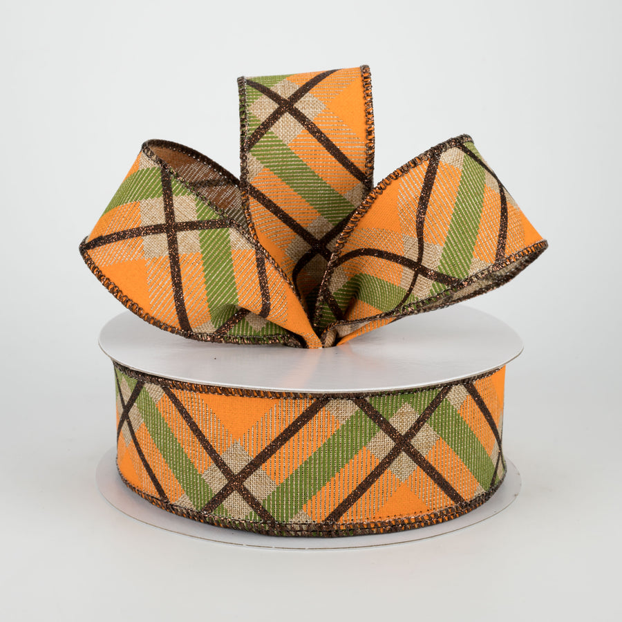 1.5" Glitter Plaid Ribbon: Light Beige, Brown, Orange, Moss (10 Yards) Lifestyle Photo