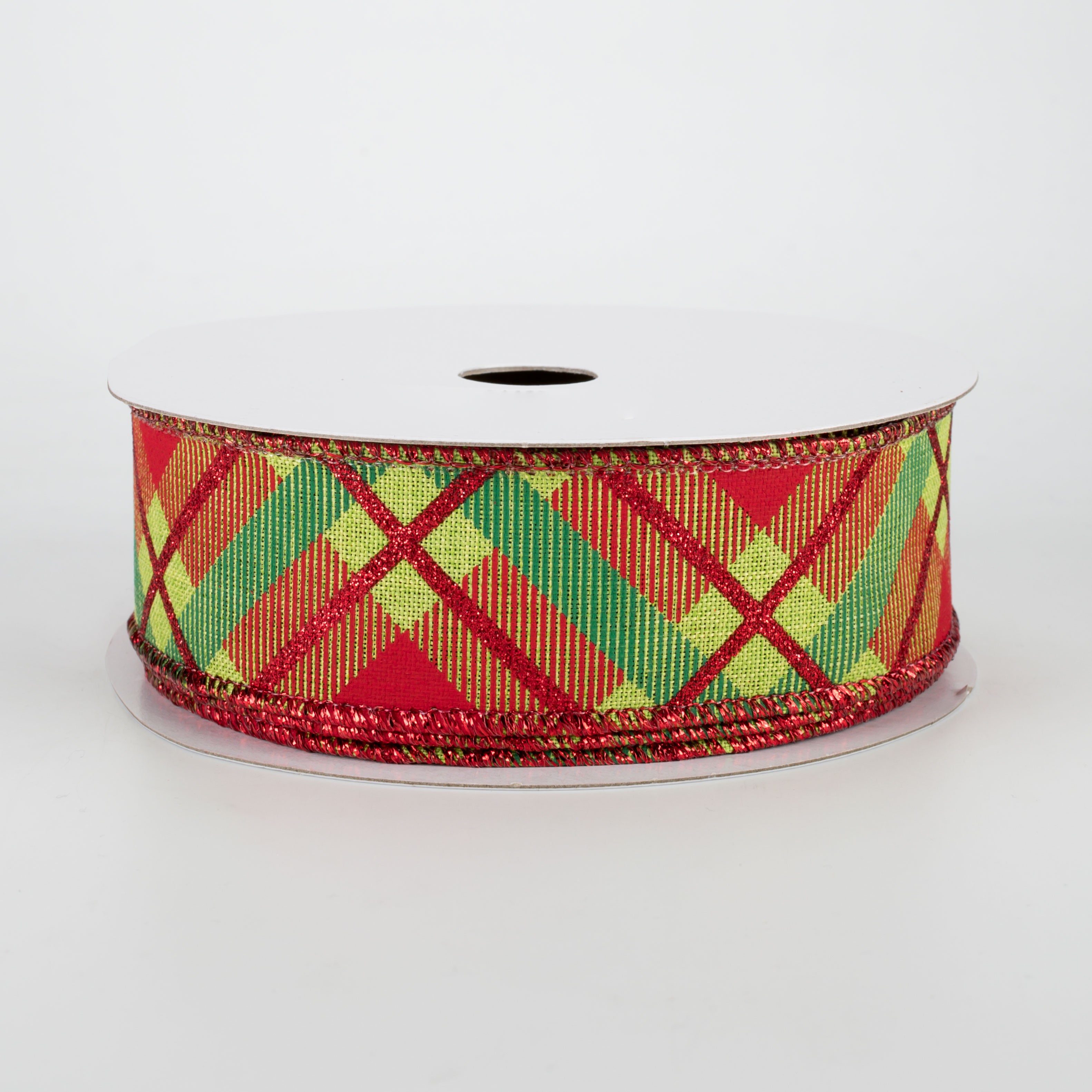 1.5" Glitter Plaid Ribbon: Lime, Red, Emerald (10 Yards)