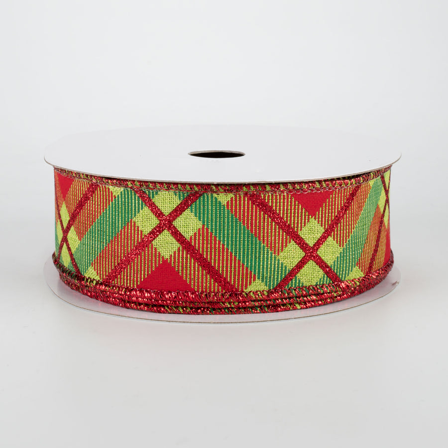 1.5" Glitter Plaid Ribbon: Lime, Red, Emerald (10 Yards)