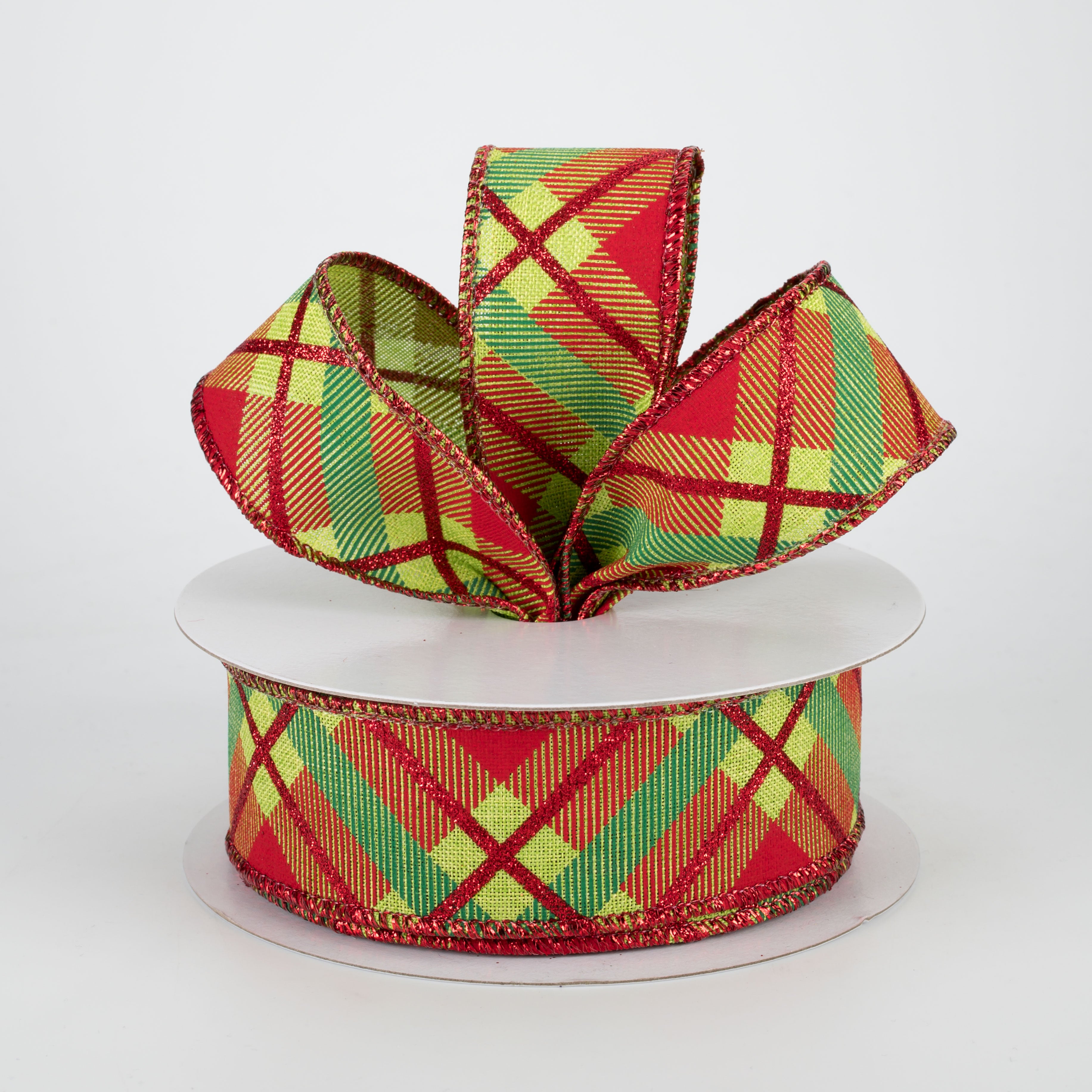 1.5" Glitter Plaid Ribbon: Lime, Red, Emerald (10 Yards) Lifestyle Photo