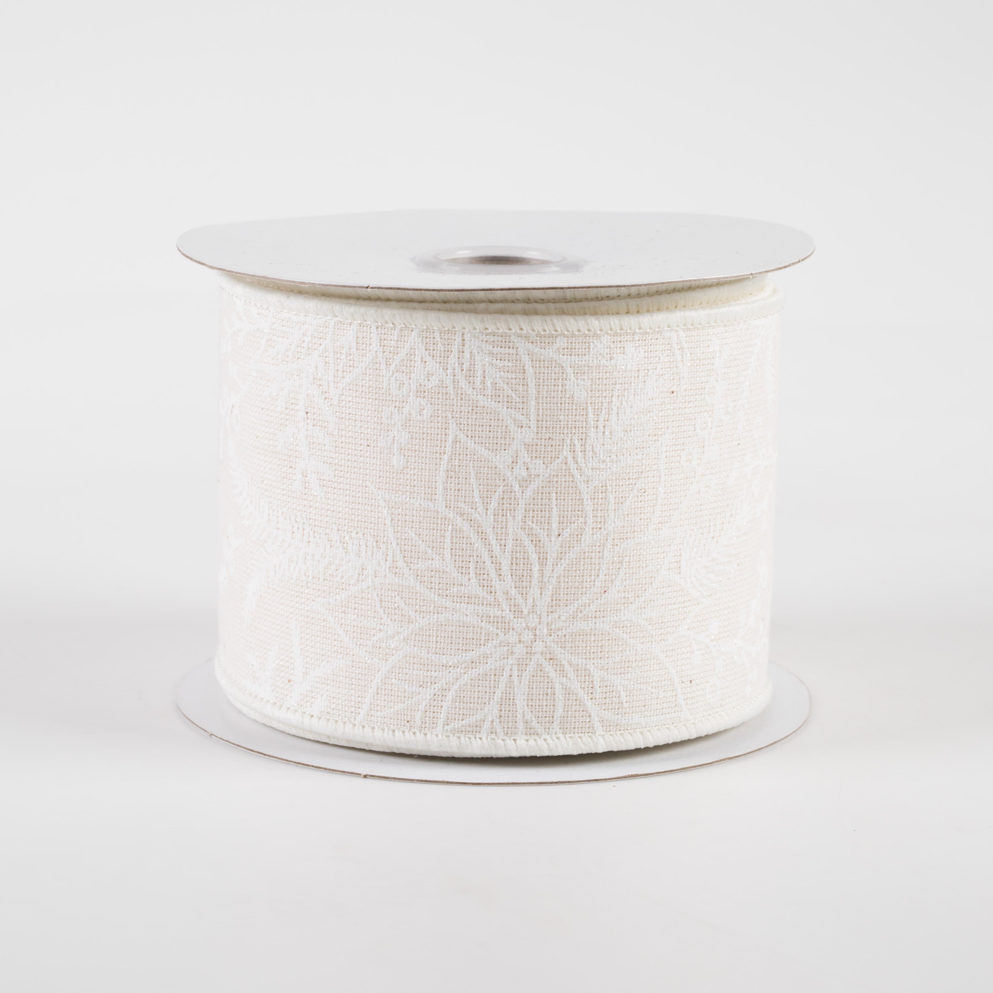 2.5" Glitter Poinsettias Canvas Ribbon: Ivory & White (10 Yards) Item Number: 78230-40-01