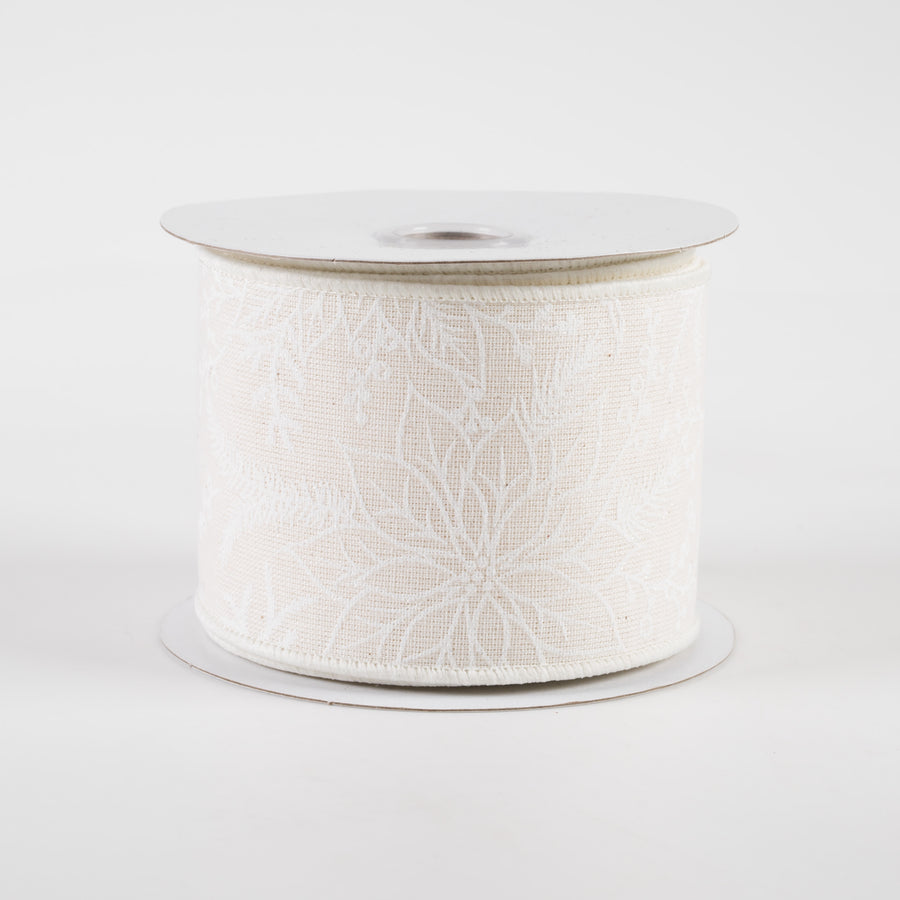 2.5" Glitter Poinsettias Canvas Ribbon: Ivory & White (10 Yards) Item Number: 78230-40-01