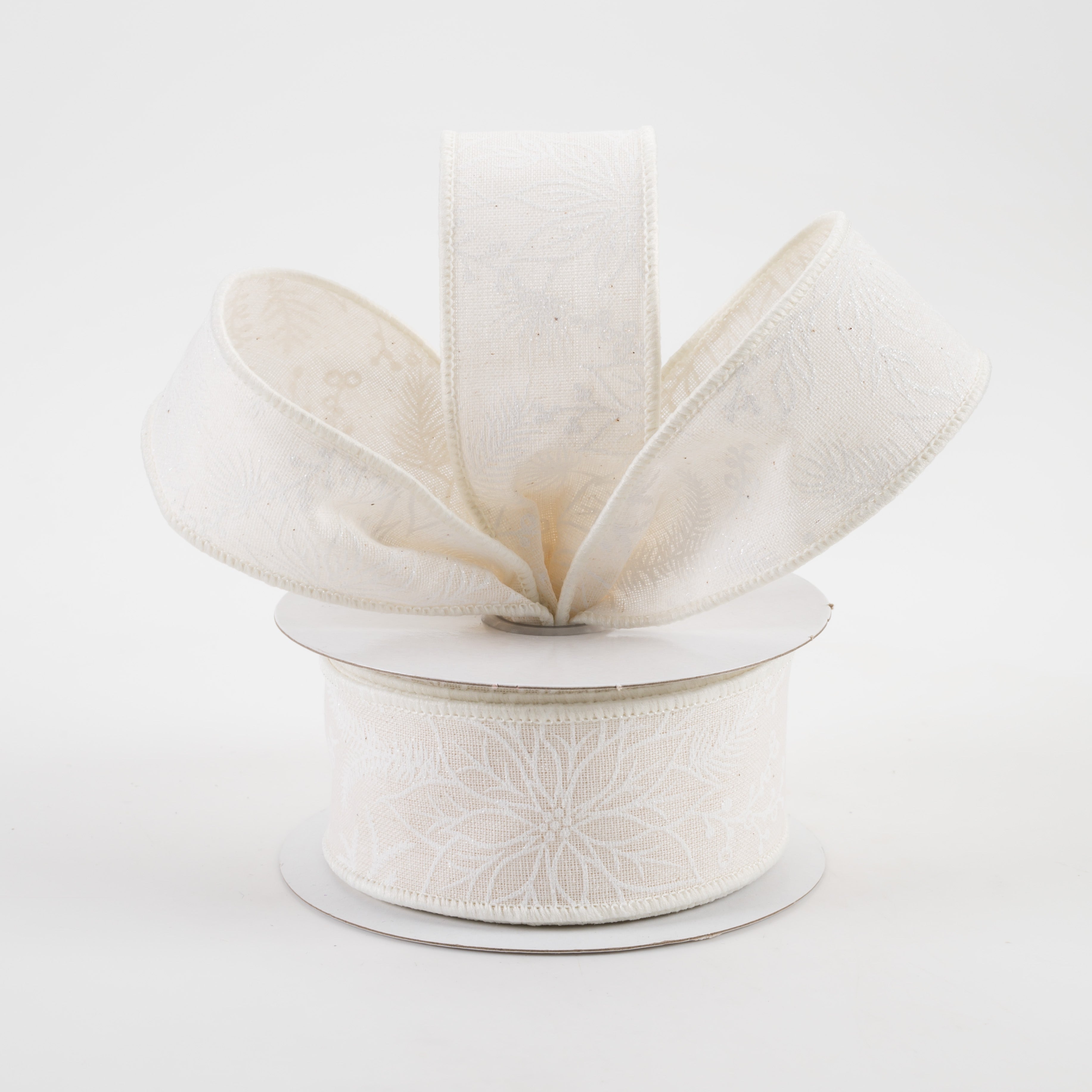 1.5" Glitter Poinsettias Canvas Ribbon: Ivory & White (10 Yards) Lifestyle Photo