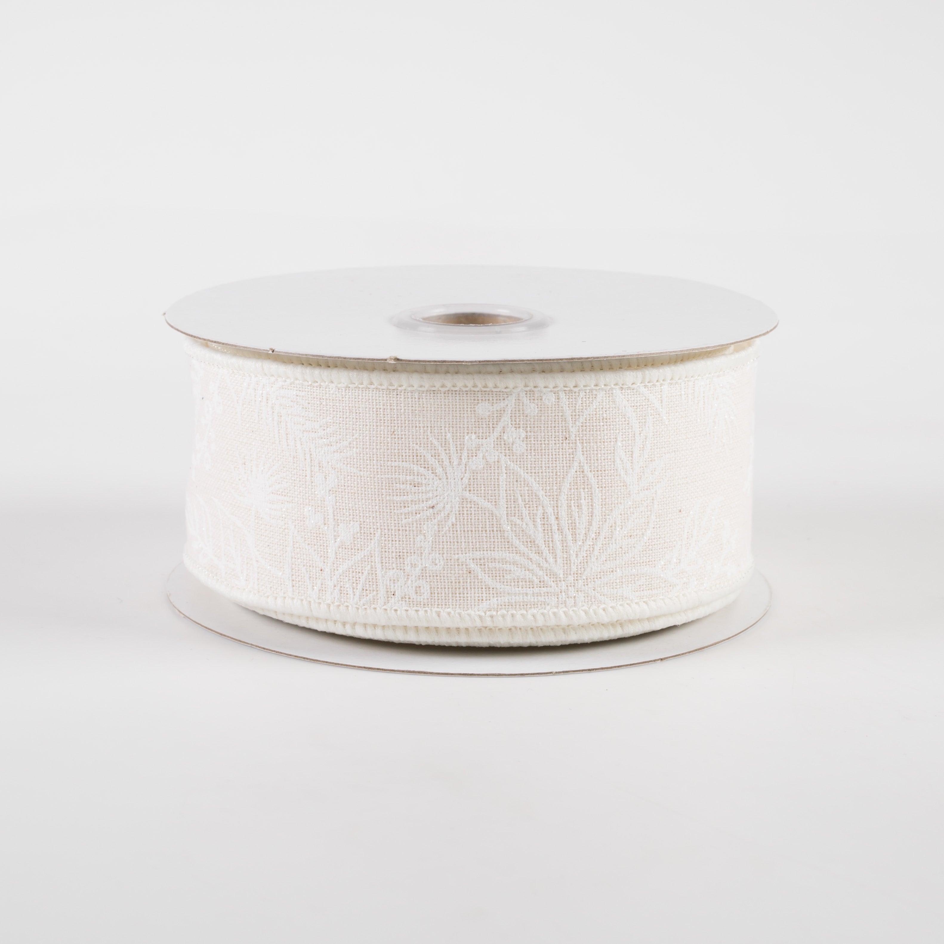 1.5" Glitter Poinsettias Canvas Ribbon: Ivory & White (10 Yards) Item Number: 78230-09-01