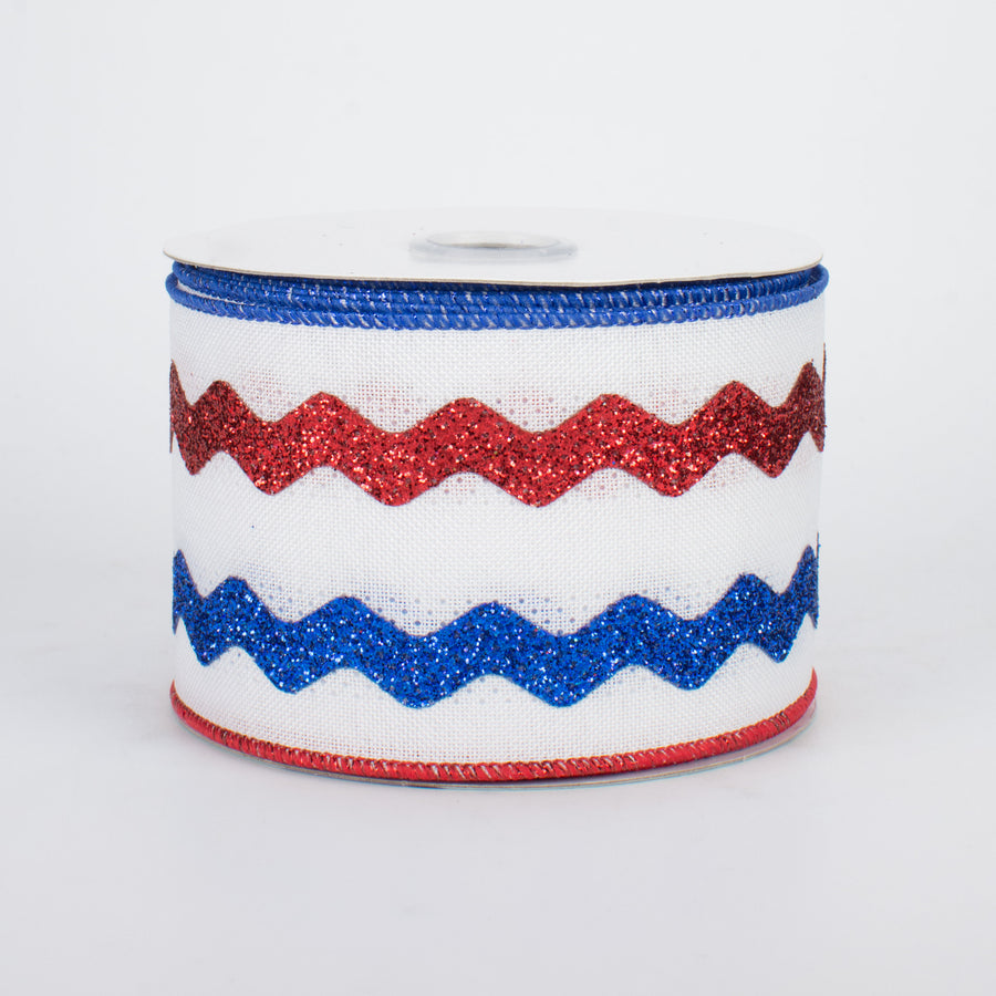 2.5" Glitter Ric Rac Ribbon: White, Red, Blue (10 Yards)