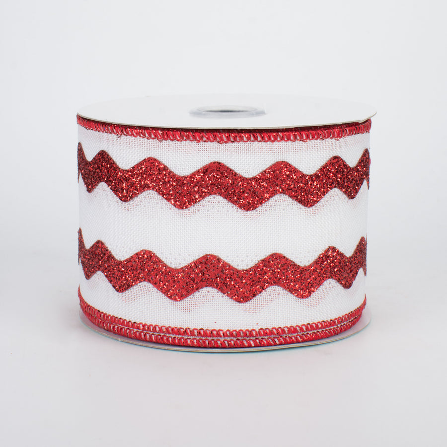 2.5" Glitter Ric Rac Ribbon: White & Red (10 Yards)