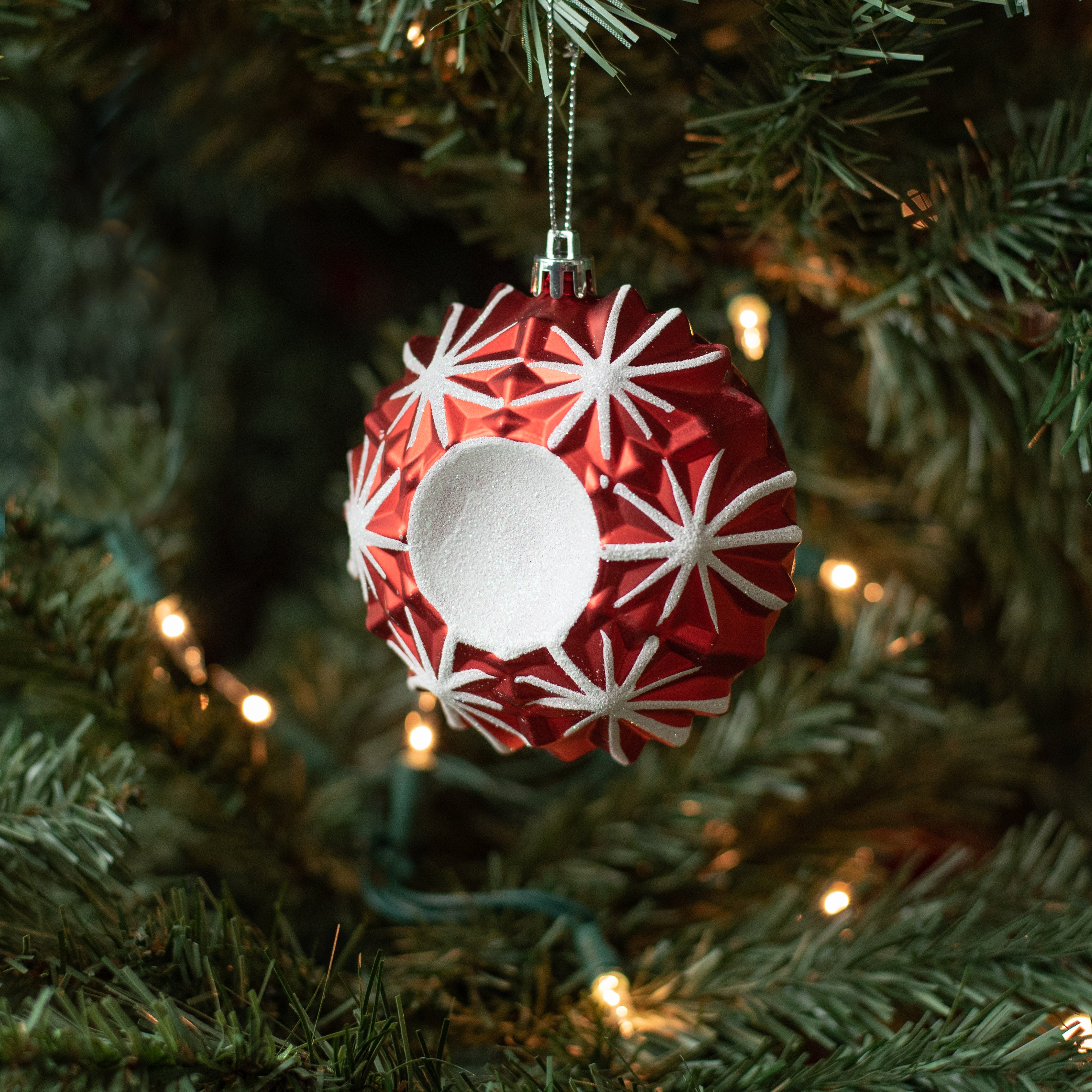 4" Glitter Snowflake Disc Ornaments: Red & White (6) Lifestyle Photo
