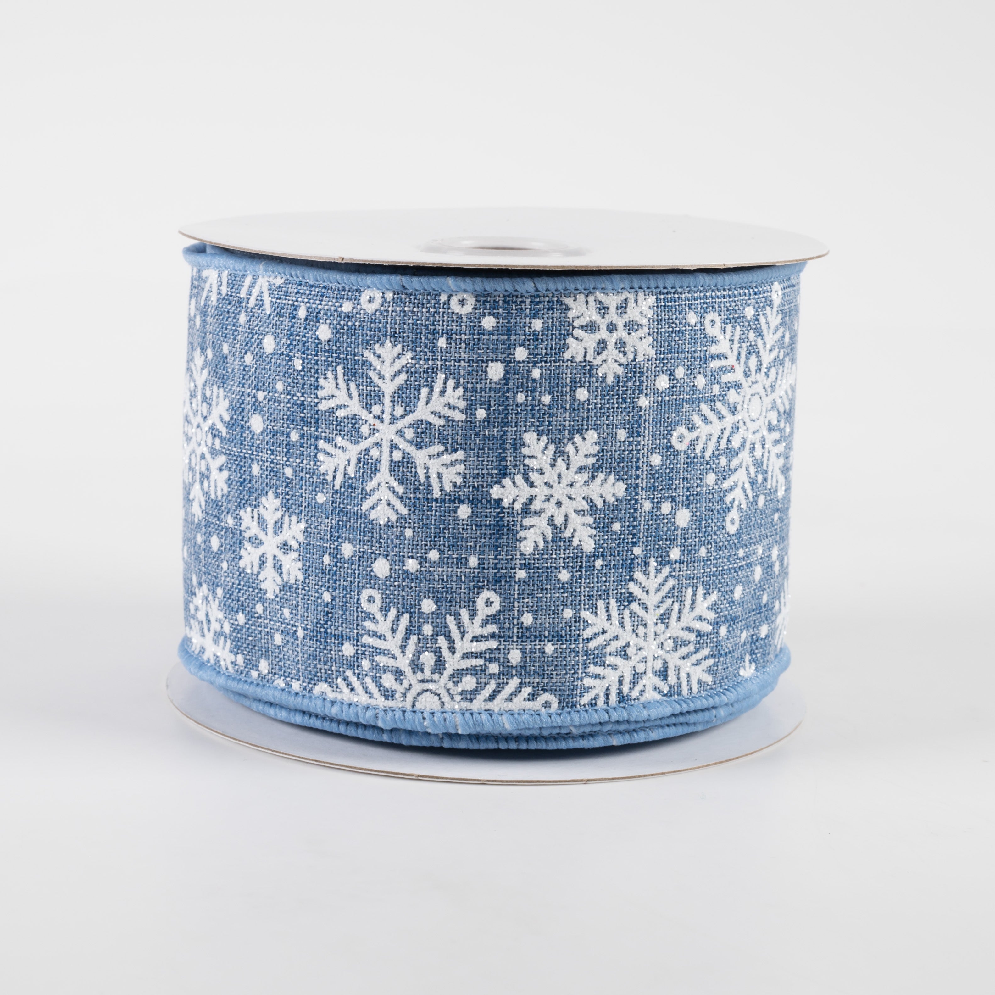 2.5" Glitter Snowflakes Linen Ribbon: Denim Blue & White (10 Yards)