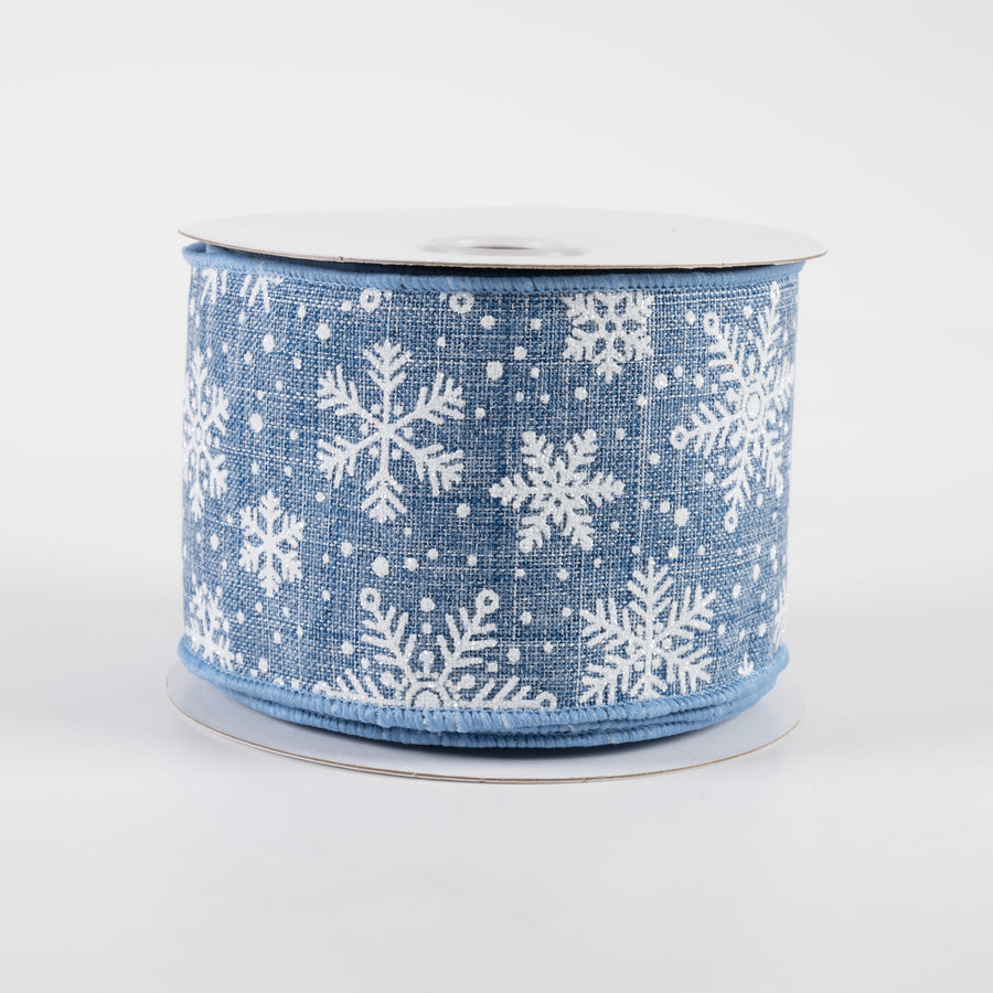 2.5" Glitter Snowflakes Linen Ribbon: Denim Blue & White (10 Yards)