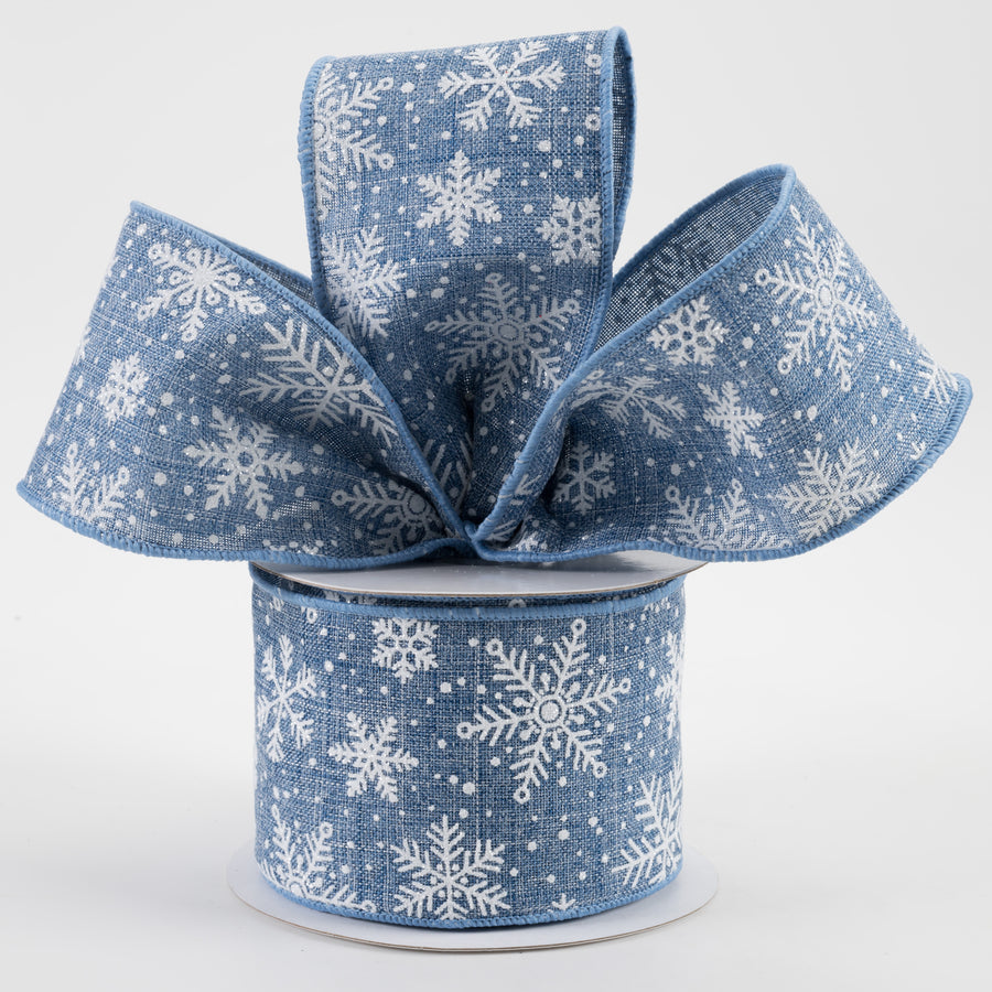 2.5" Glitter Snowflakes Linen Ribbon: Denim Blue & White (10 Yards) Lifestyle Photo
