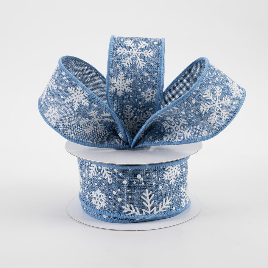 1.5" Glitter Snowflakes Linen Ribbon: Denim Blue & White (10 Yards) Lifestyle Photo