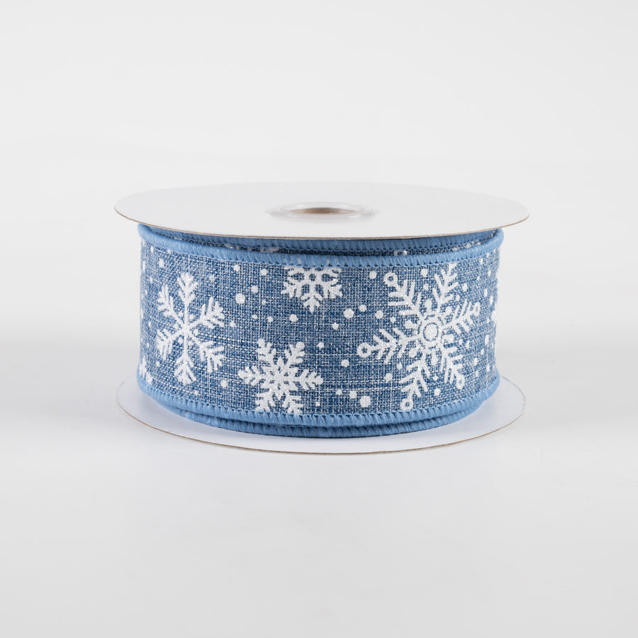 1.5" Glitter Snowflakes Linen Ribbon: Denim Blue & White (10 Yards)