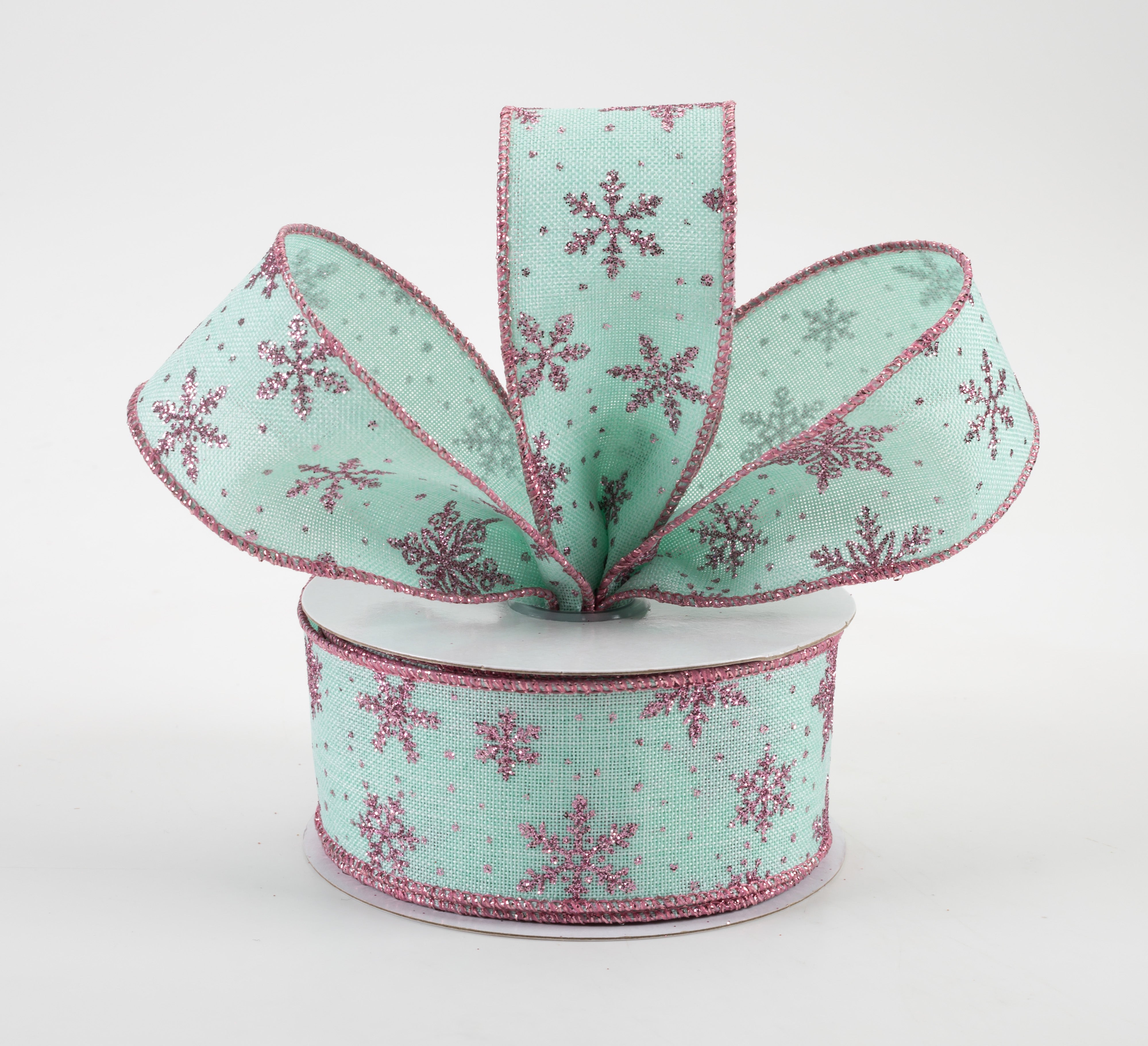 1.5" Glitter Snowflakes Ribbon: Mint Green & Pink (10 Yards) Lifestyle Photo