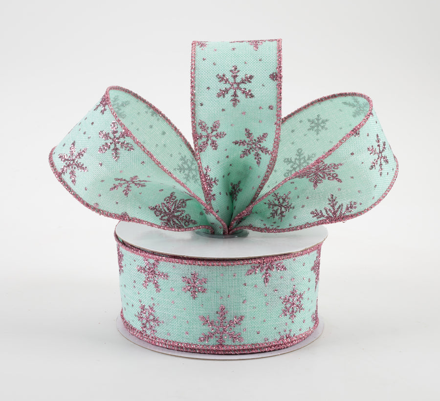 1.5" Glitter Snowflakes Ribbon: Mint Green & Pink (10 Yards) Lifestyle Photo