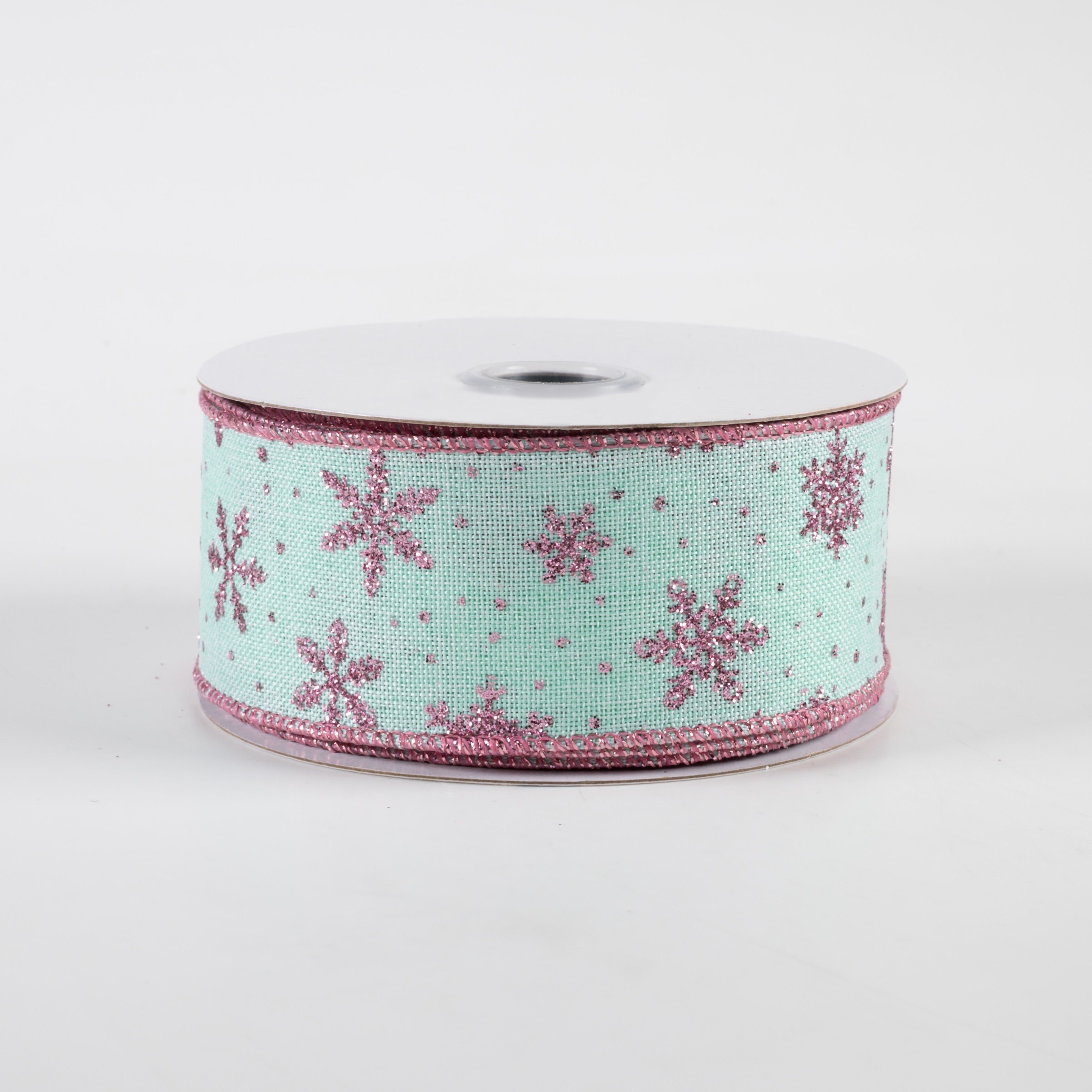 1.5" Glitter Snowflakes Ribbon: Mint Green & Pink (10 Yards)