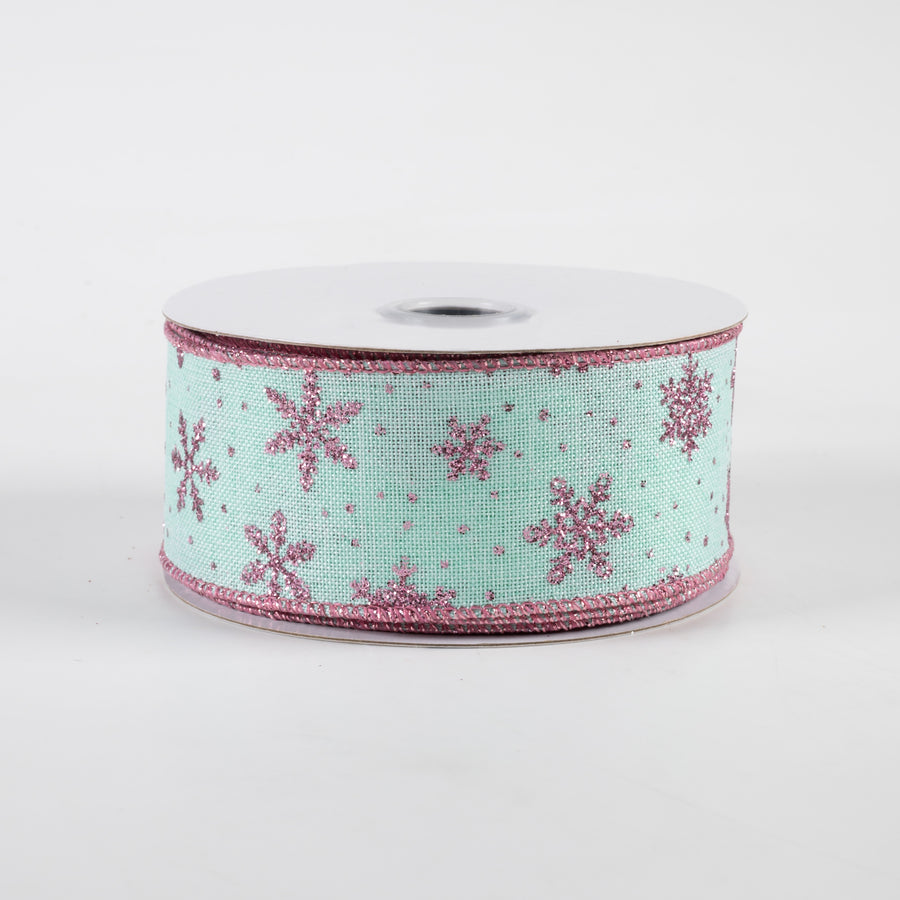 1.5" Glitter Snowflakes Ribbon: Mint Green & Pink (10 Yards)