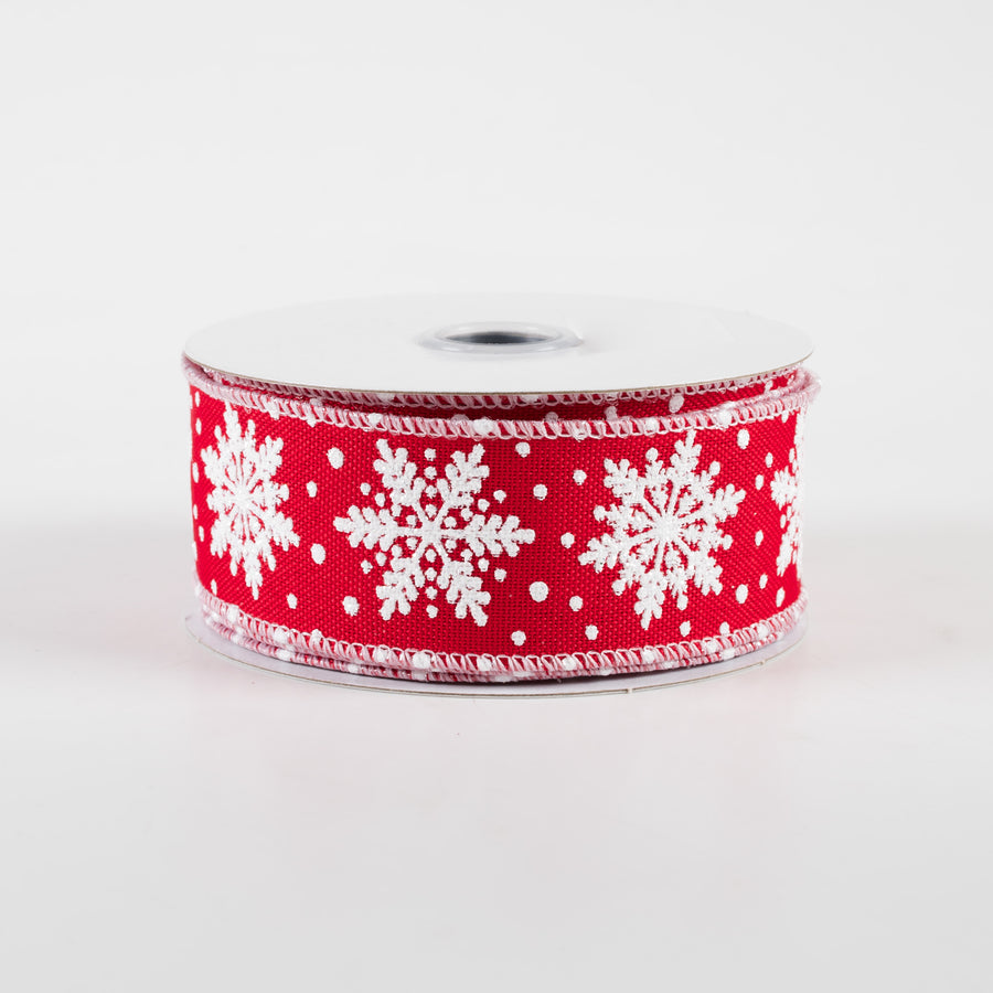 1.5" Glitter Snowflakes Ribbon: Red & White (10 Yards)