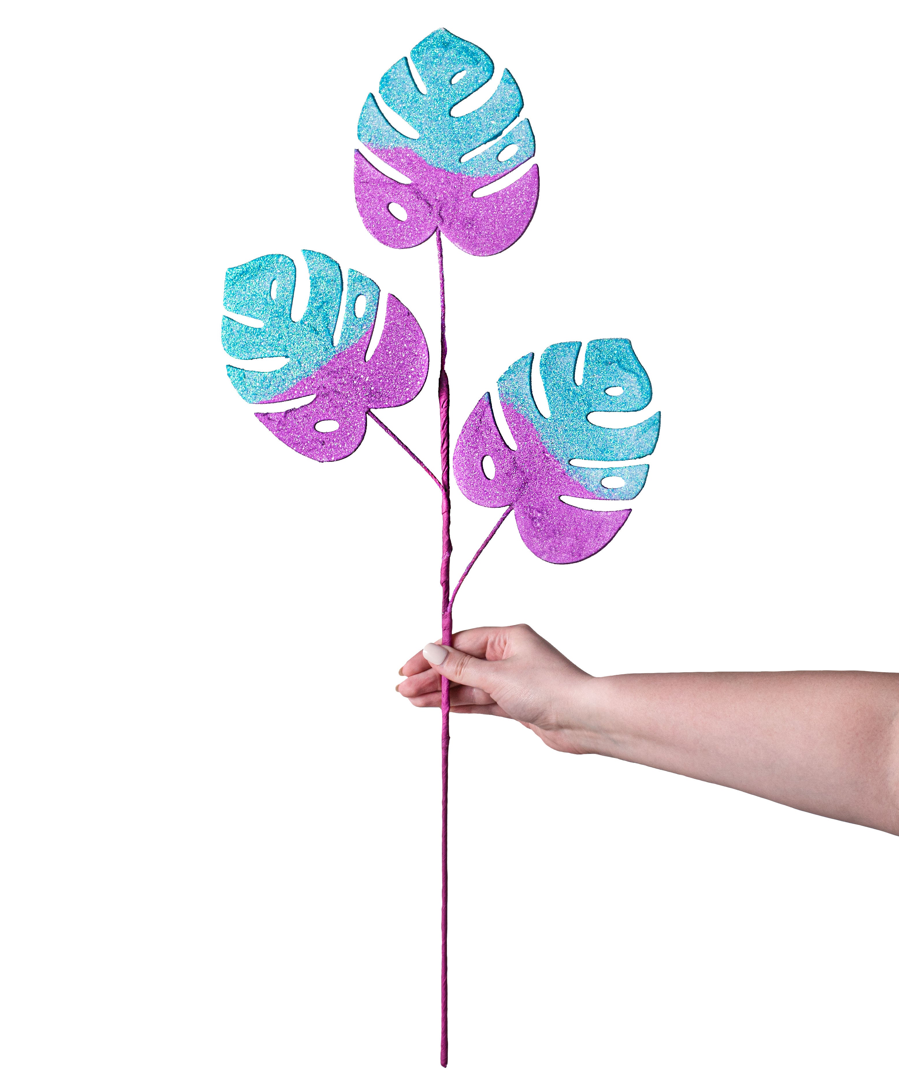 28" Glitter Split Leaf Philodendron Spray: Purple & Blue detail photo 3