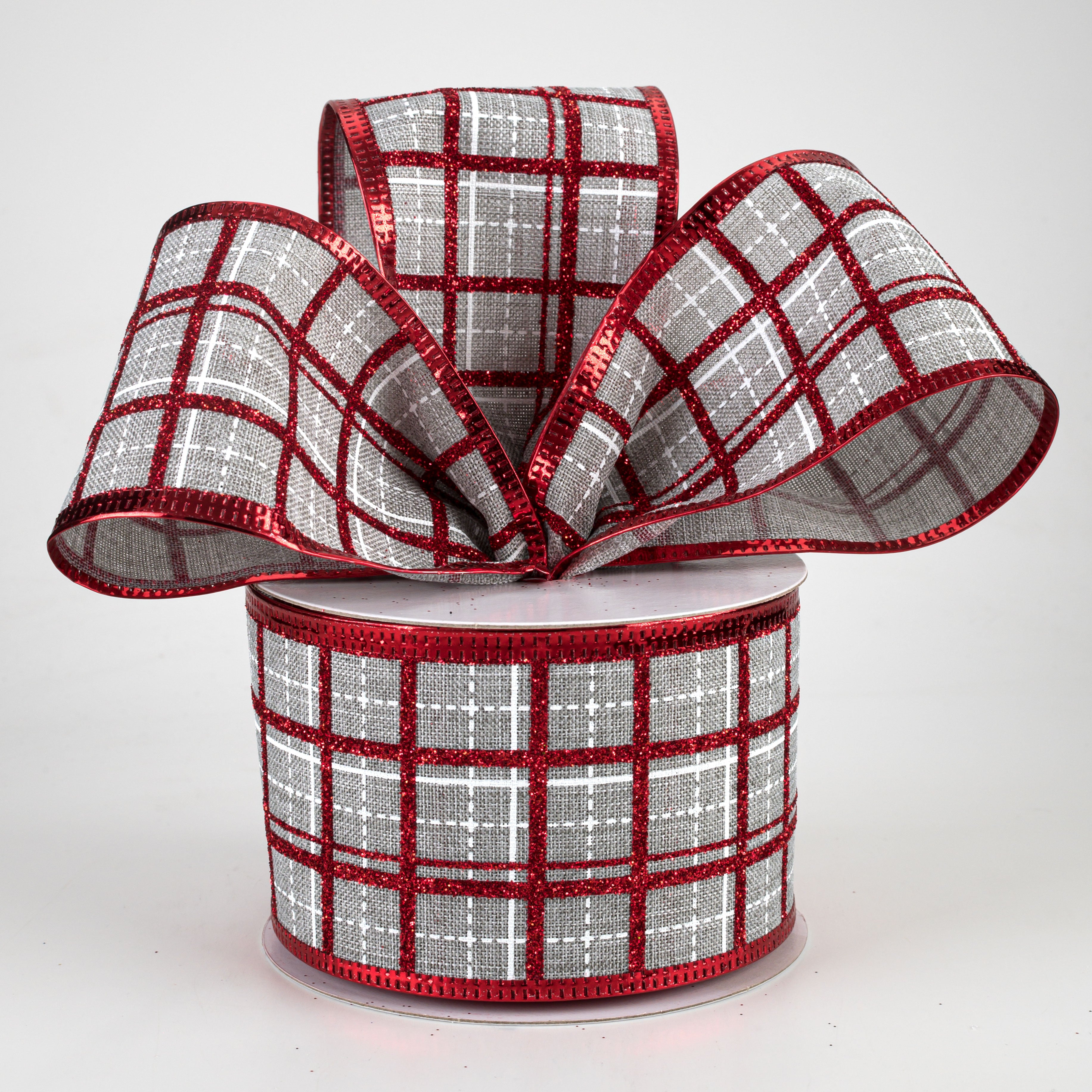 2.5" Glitter Square Plaid Ribbon: Light Grey, White, Red (10 Yards) Lifestyle Photo