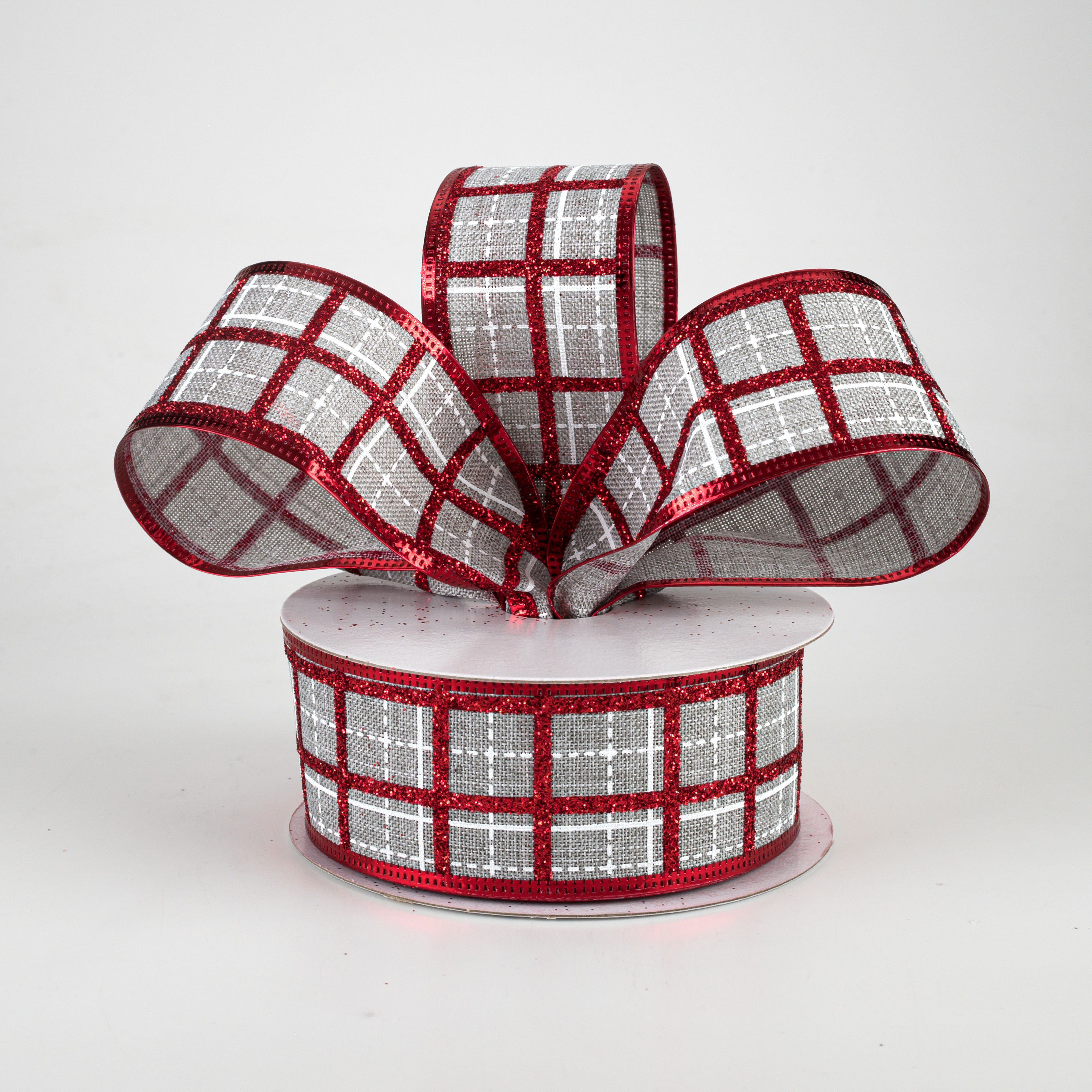 1.5" Glitter Square Plaid Ribbon: Light Grey, White, Red (10 Yards) Lifestyle Photo