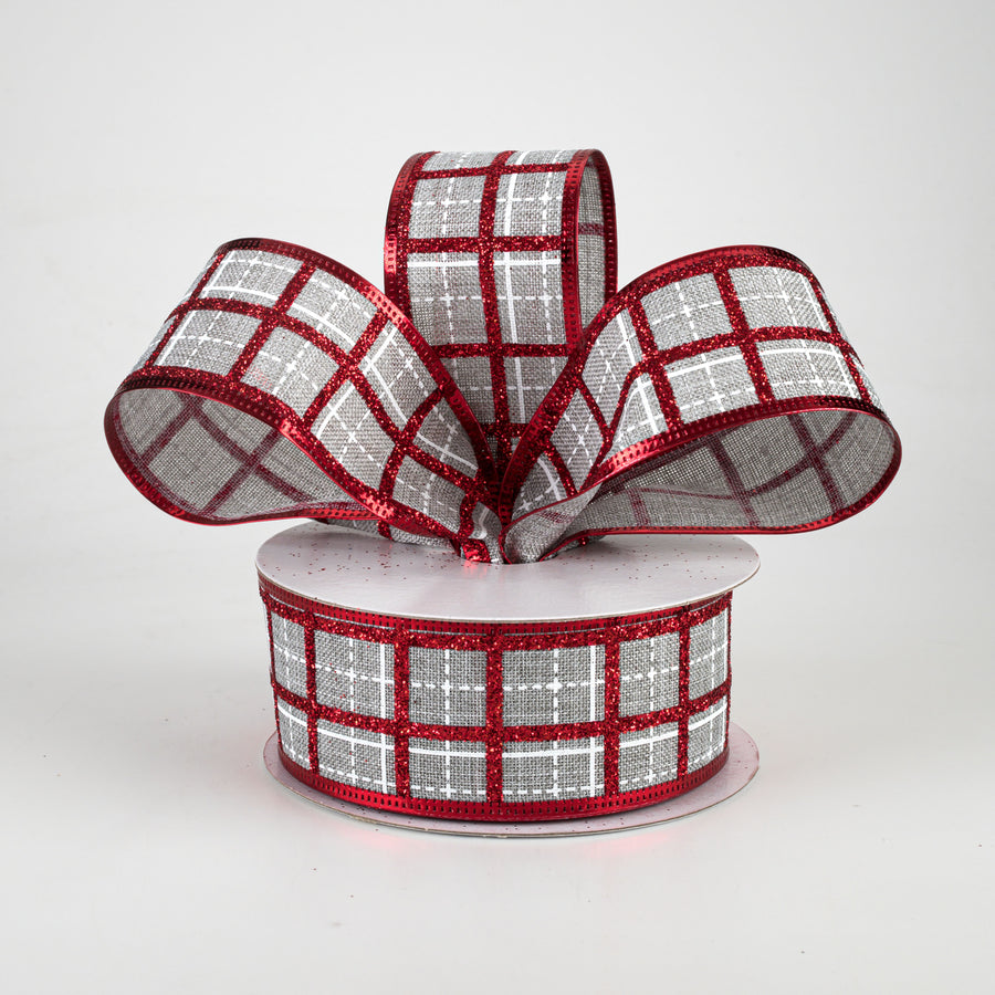 1.5" Glitter Square Plaid Ribbon: Light Grey, White, Red (10 Yards) Lifestyle Photo