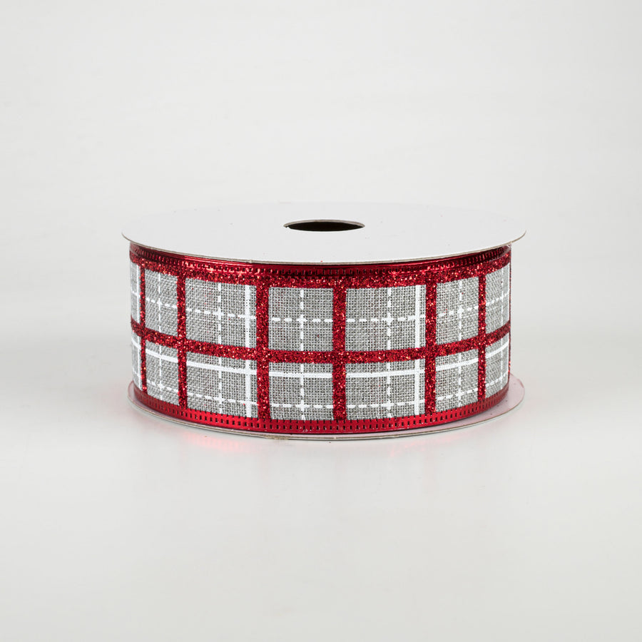 1.5" Glitter Square Plaid Ribbon: Light Grey, White, Red (10 Yards)